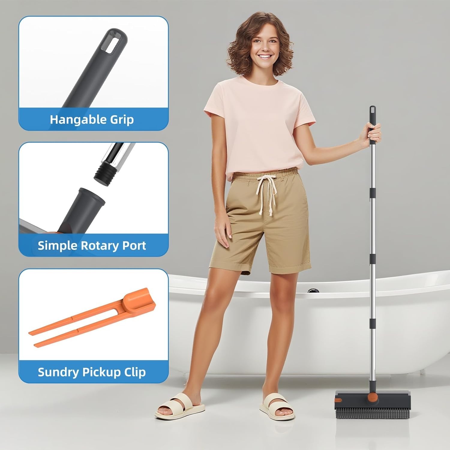 Floor Scrub Brush Squeegee Broom with Long Handle 3 in 1 Cleaning Tool