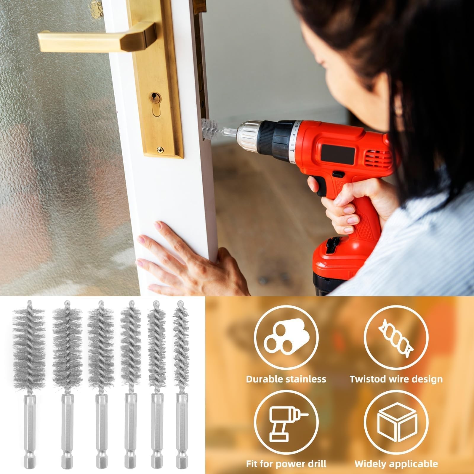 6 Pcs Stainless Steel Wire Bore Brush Set 1/4 Inch Hex Shank Twisted Drill Brush
