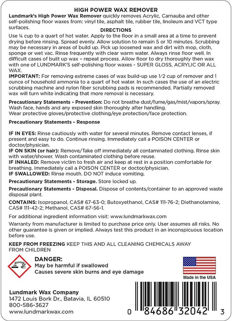 Lundmark High Power Wax Remover, Commercial Strength Floor Wax Stripper, 32-O…