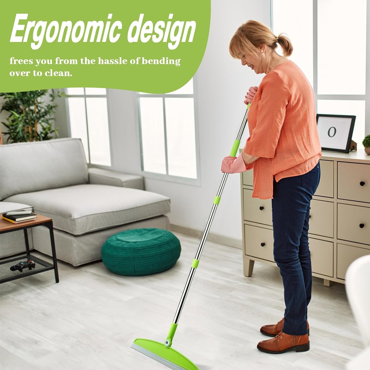 Multifunction Broom with Long Handle, Adjustable Rubber Squeegee Sweeping
