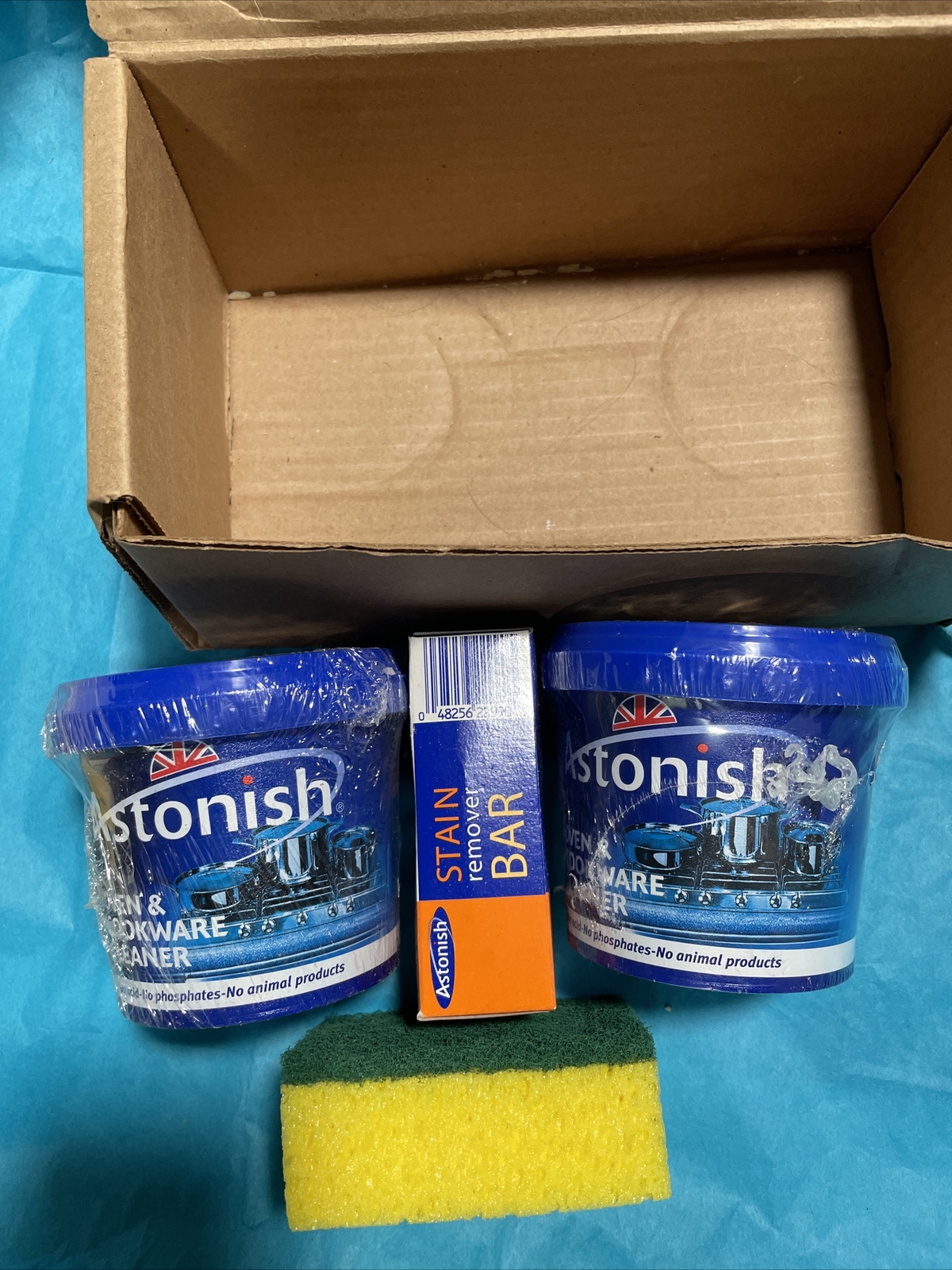 2 New Astonish Oven And Cookware Cleaner 17oz +Stain Remover Bar + Scrubber Set
