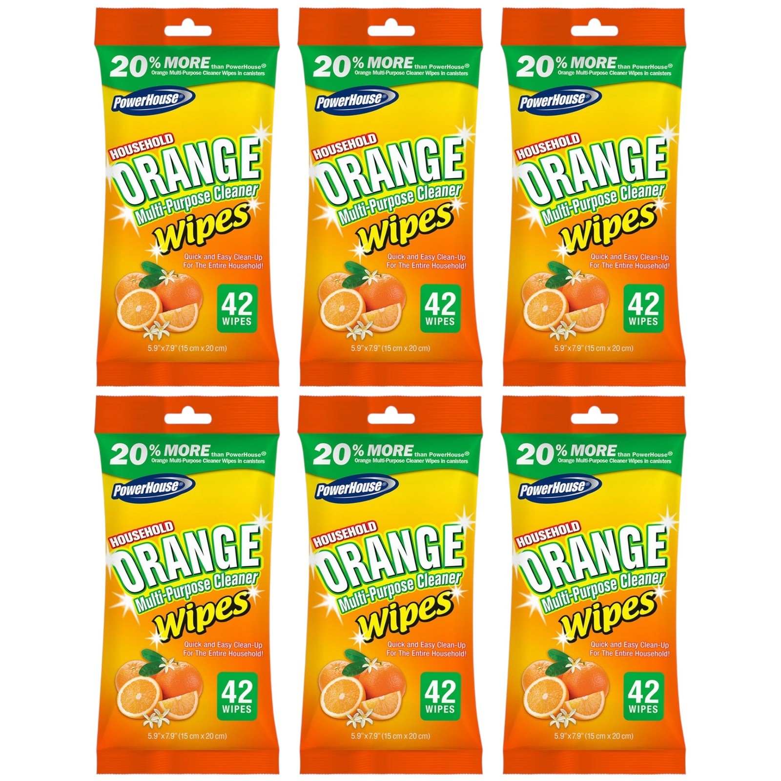 PowerHouse Household Orange Multi-Purpose Cleaner Wipes, 42 Wipes (Pack of 6)