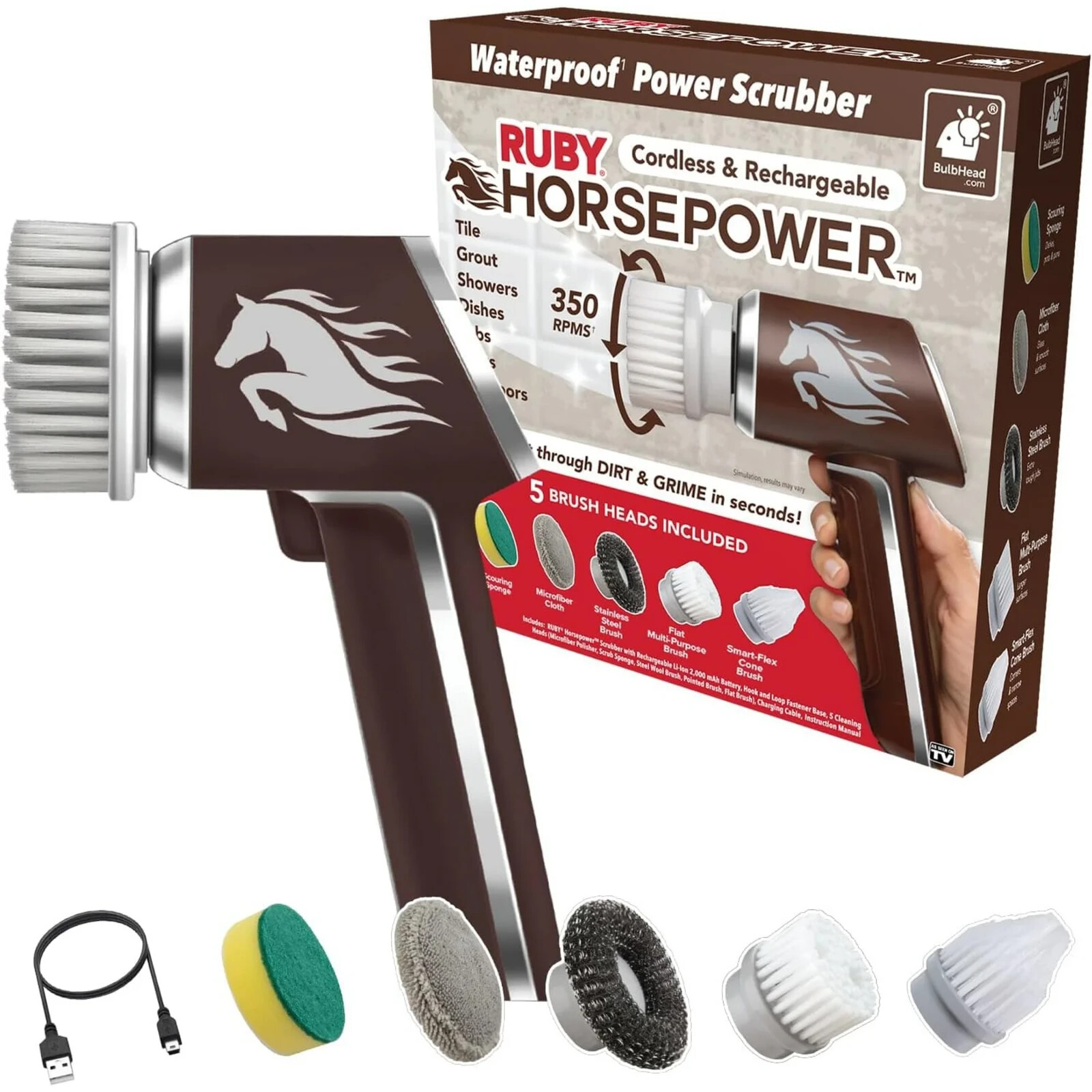 HORSEPOWER RUBY Waterproof Cordless 360° Power Scrubber W/ 5 Heads! – NEW!
