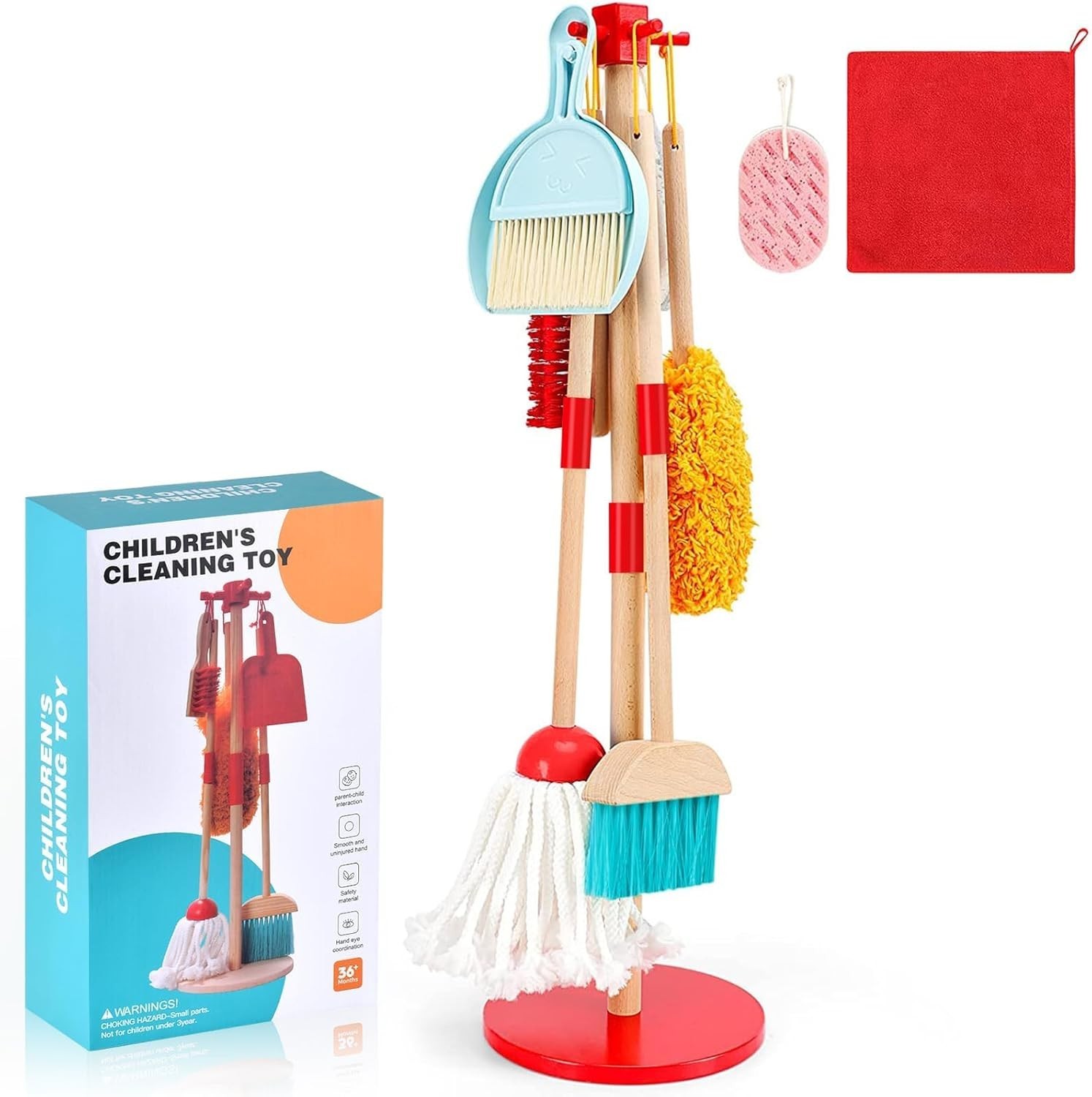 Kids Cleaning Toy Set Wooden Broom and Dustpan 9 Piece Playhouse Housekeeping