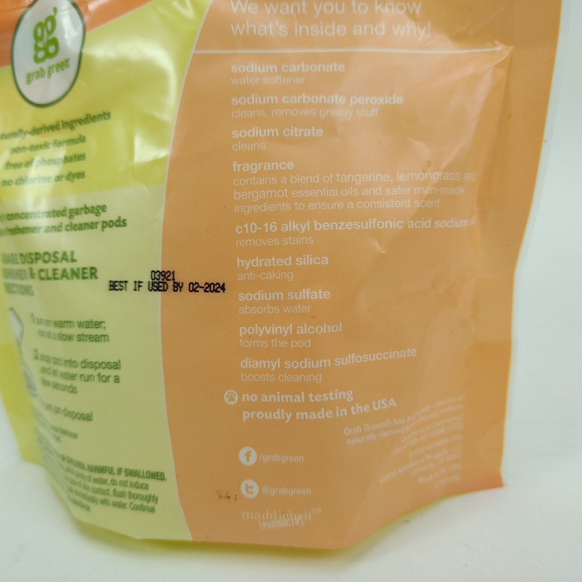 GRAB GREEN Garbage Disposal Cleaner 12 Pods Tangerine with Lemongrass EXP 02/24