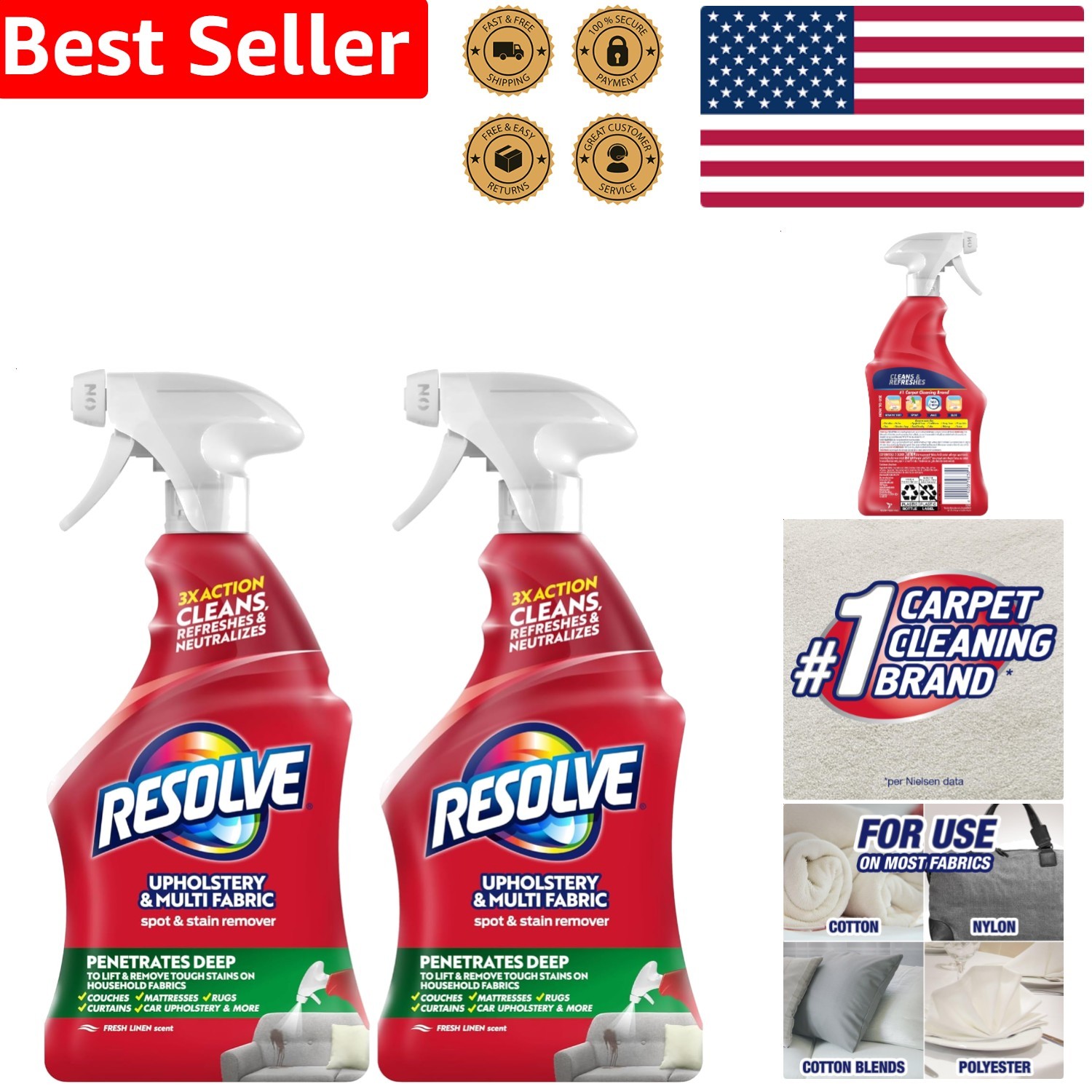 Upholstery Carpet Cleaner Multi-Fabric Stain Remover 22 Fl Oz Pack 2
