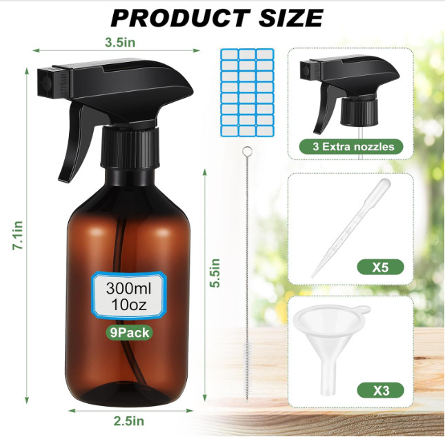 9 botellas pulverizadoras 300 ml, niebla fina, boquilla ajustable, multiuso, ámb
