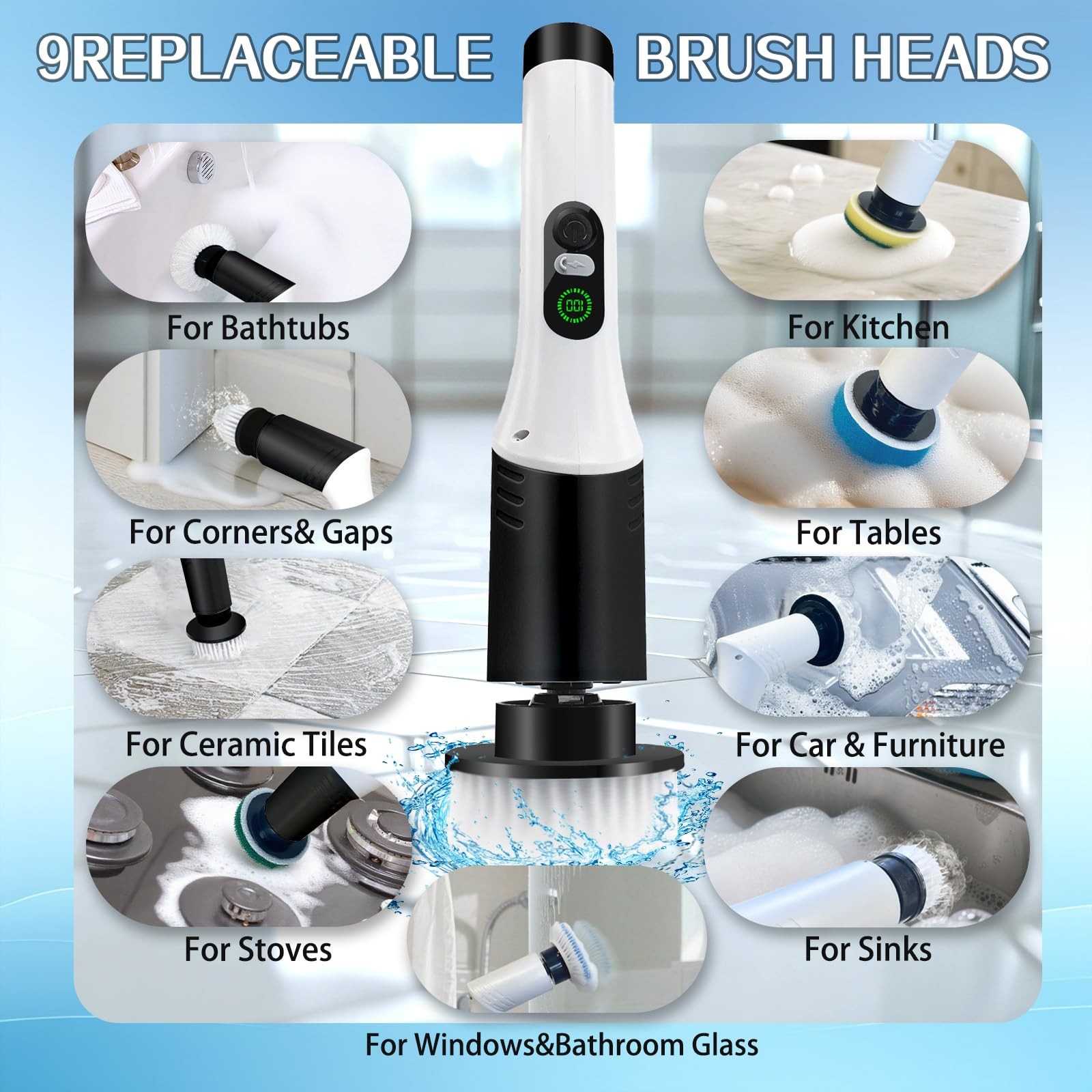 Spin Scrubber,9-In-1Multifunctional Cleaning Brush with Detachable Handle,9 R…