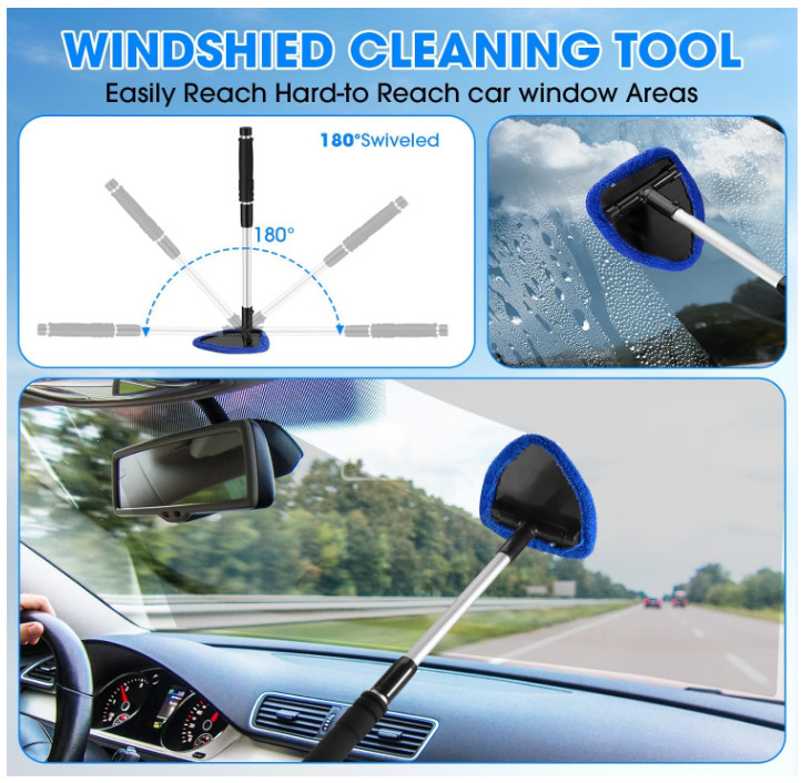 Windshield Cleaner Tool, Car Interior Cleaning Kit with Extendable Handle and 3