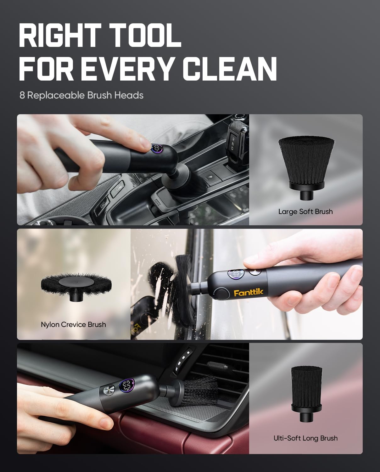Cordless Electric Car Detailing Brush with 8 Heads, DualSpeed & Waterproof