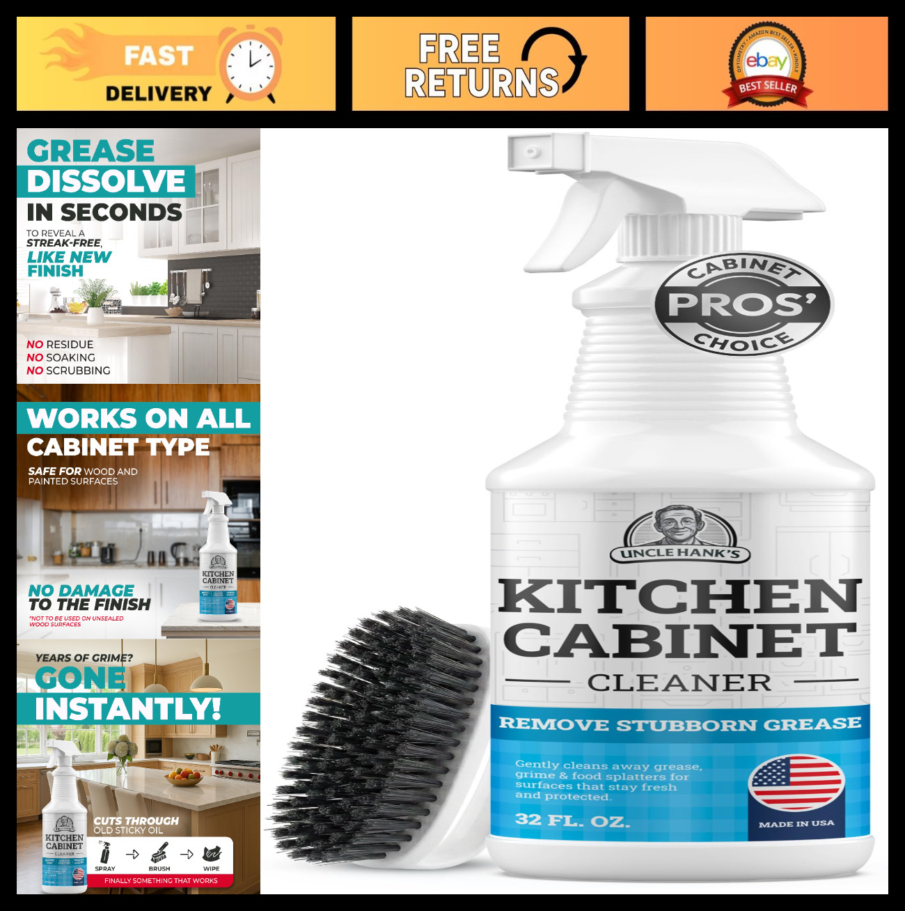 Gentle Kitchen Cabinet Cleaner – Residue-Free Degreaser & Grime Remover 32oz
