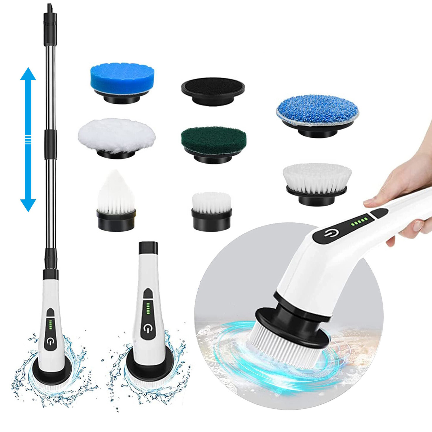 Rechargeable Electric Spin Scrubber Cordless Telescopic Cleaning Brush w/8 heads