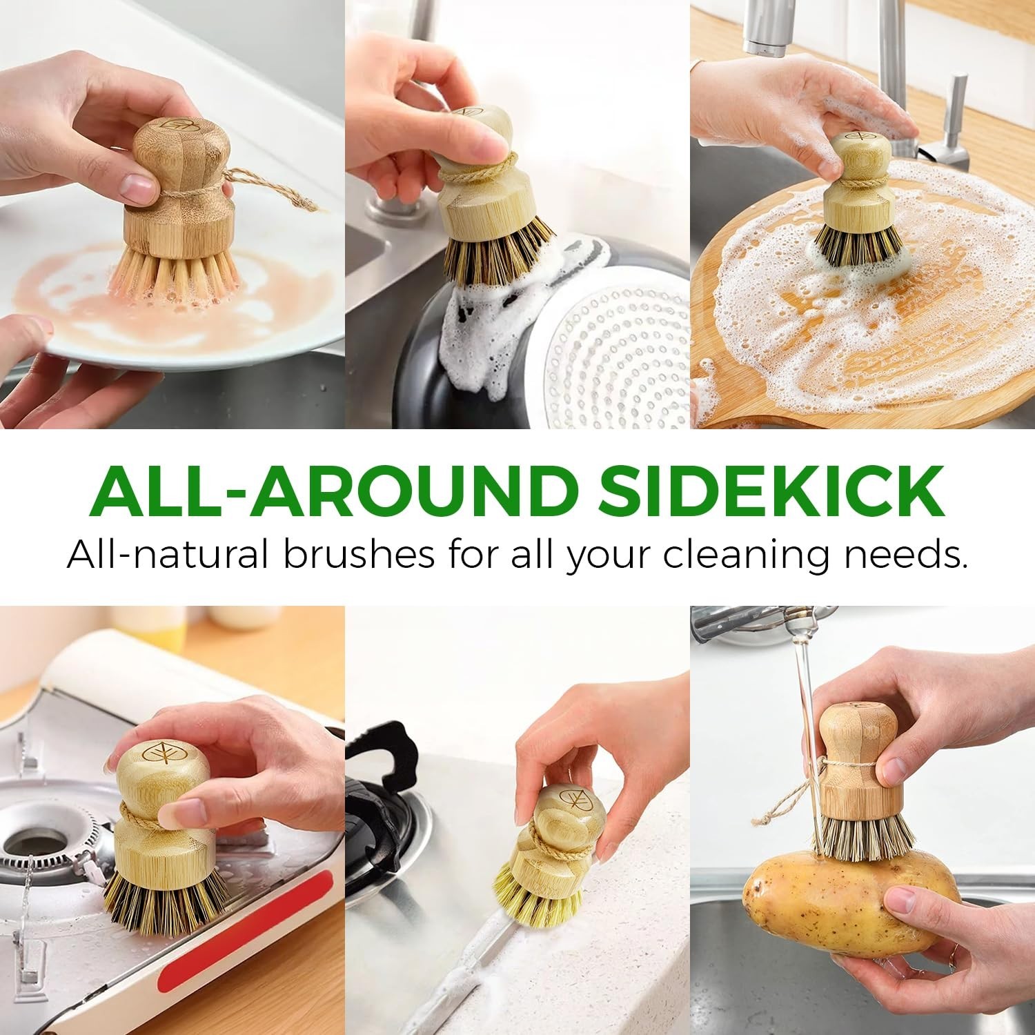 Natural Bamboo Dish Brush Set of 3 – Eco-Friendly Scrubber with Stiff Sisal & Co