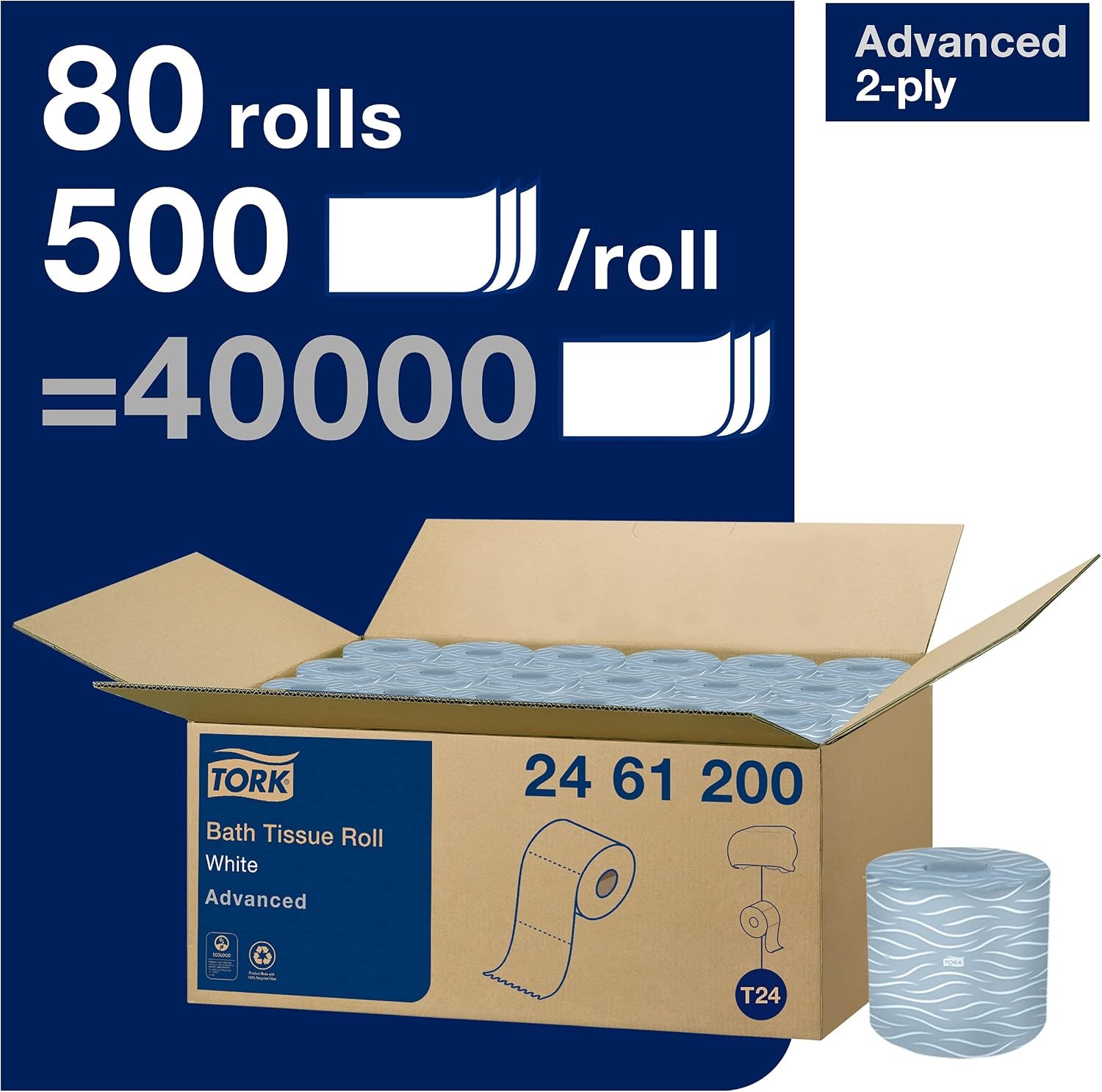 Tork Advanced Toilet Paper Roll, White, Compatible with T24 Dispensers, 2-ply,