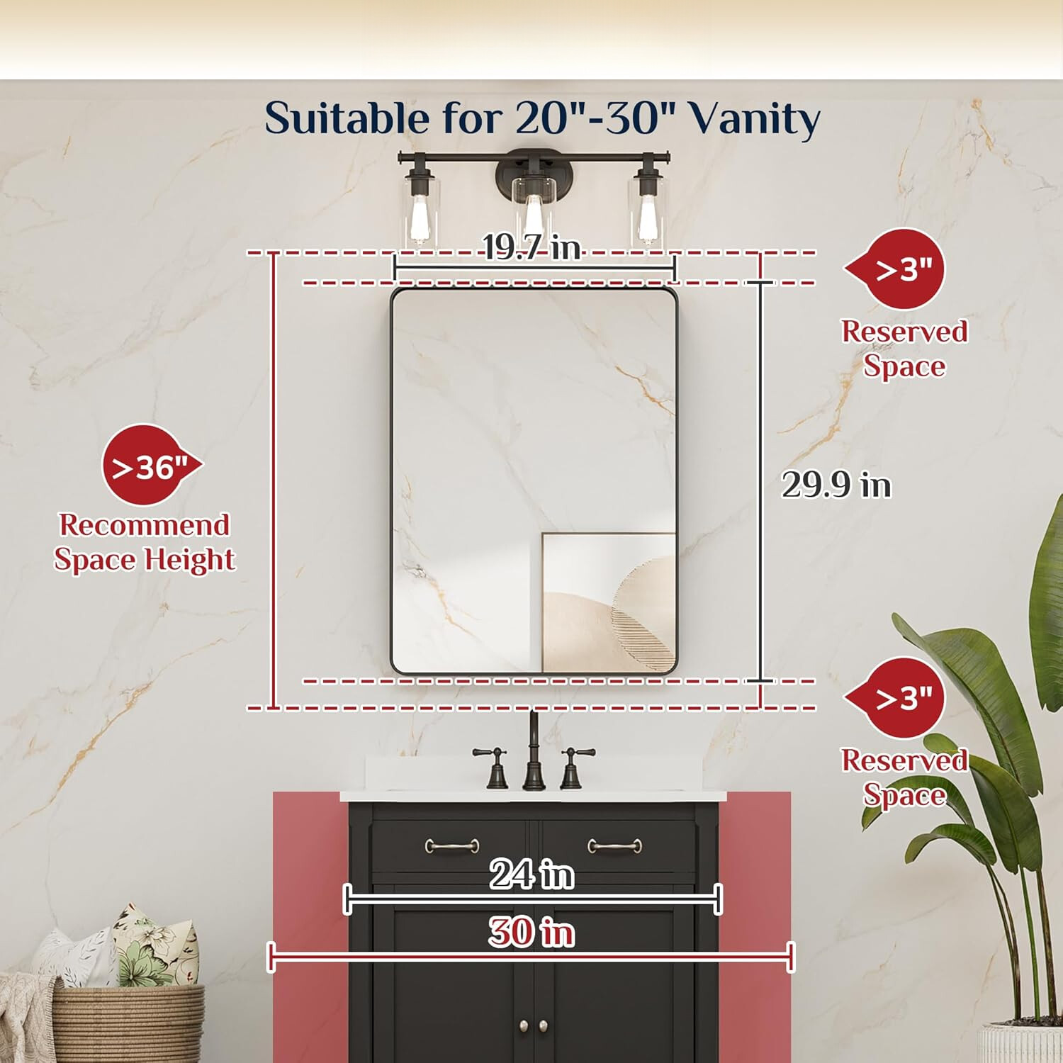 Black Bathroom Mirror,20 x 30-Inch Rectangular Wall Vanity Mirror,Tempered Glass