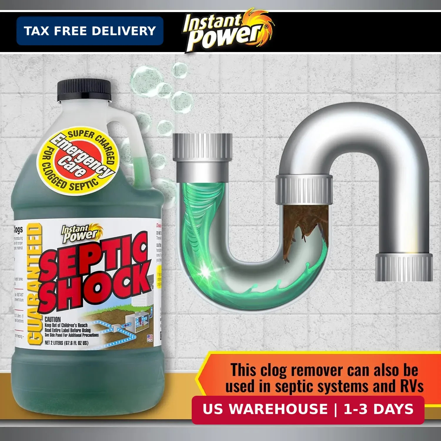 Instant Power Septic Shock – Septic Tank Treatment, Drain Cleaner Liquid Clog US
