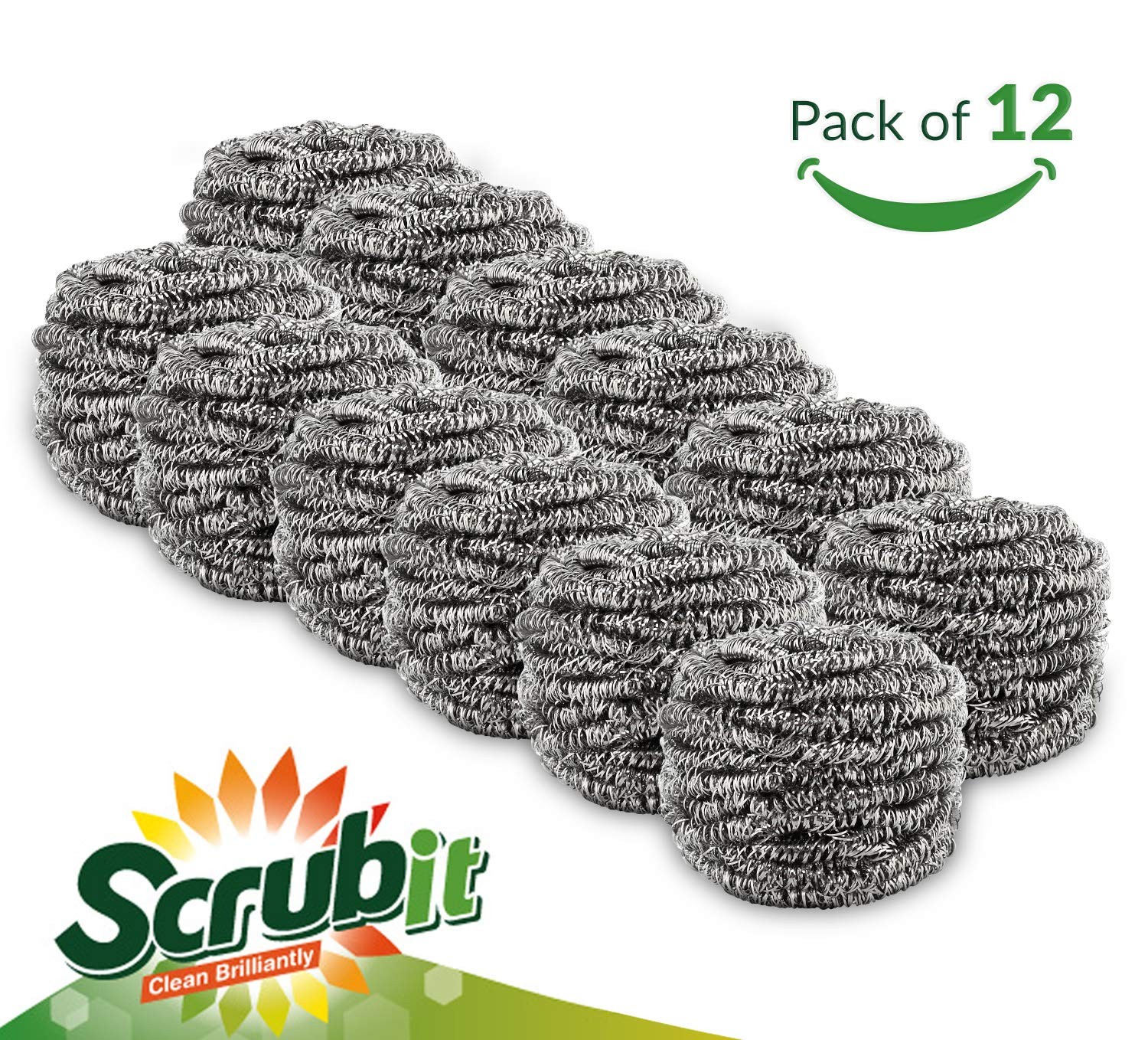 12 Pack Stainless Steel Scourers by Scrub It â€“ Steel Wool Scrubber Pad used f