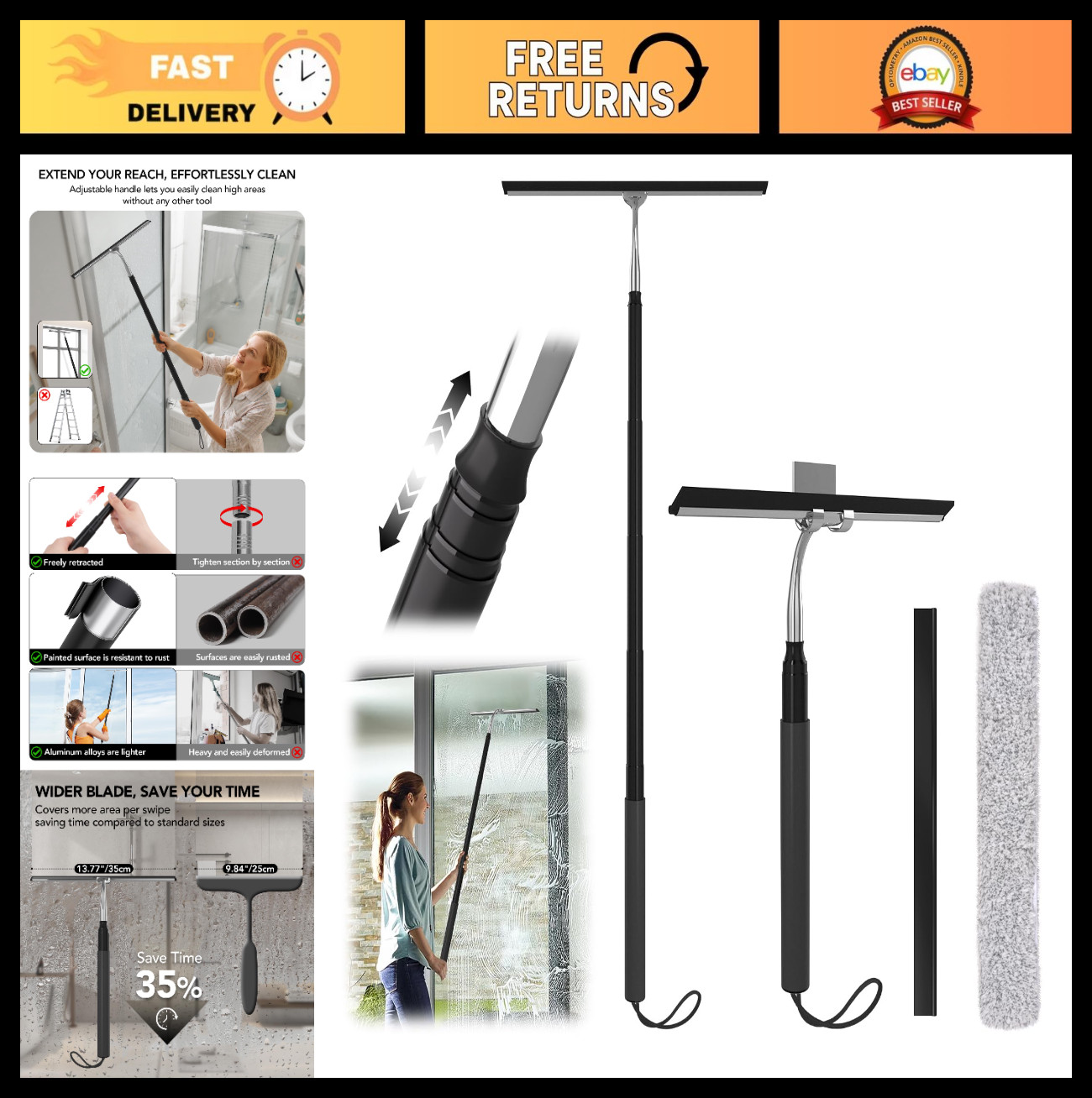 Telescopic Shower Squeegee 15-51″ | Window Cleaner Tool for Glass, Tile, Floors