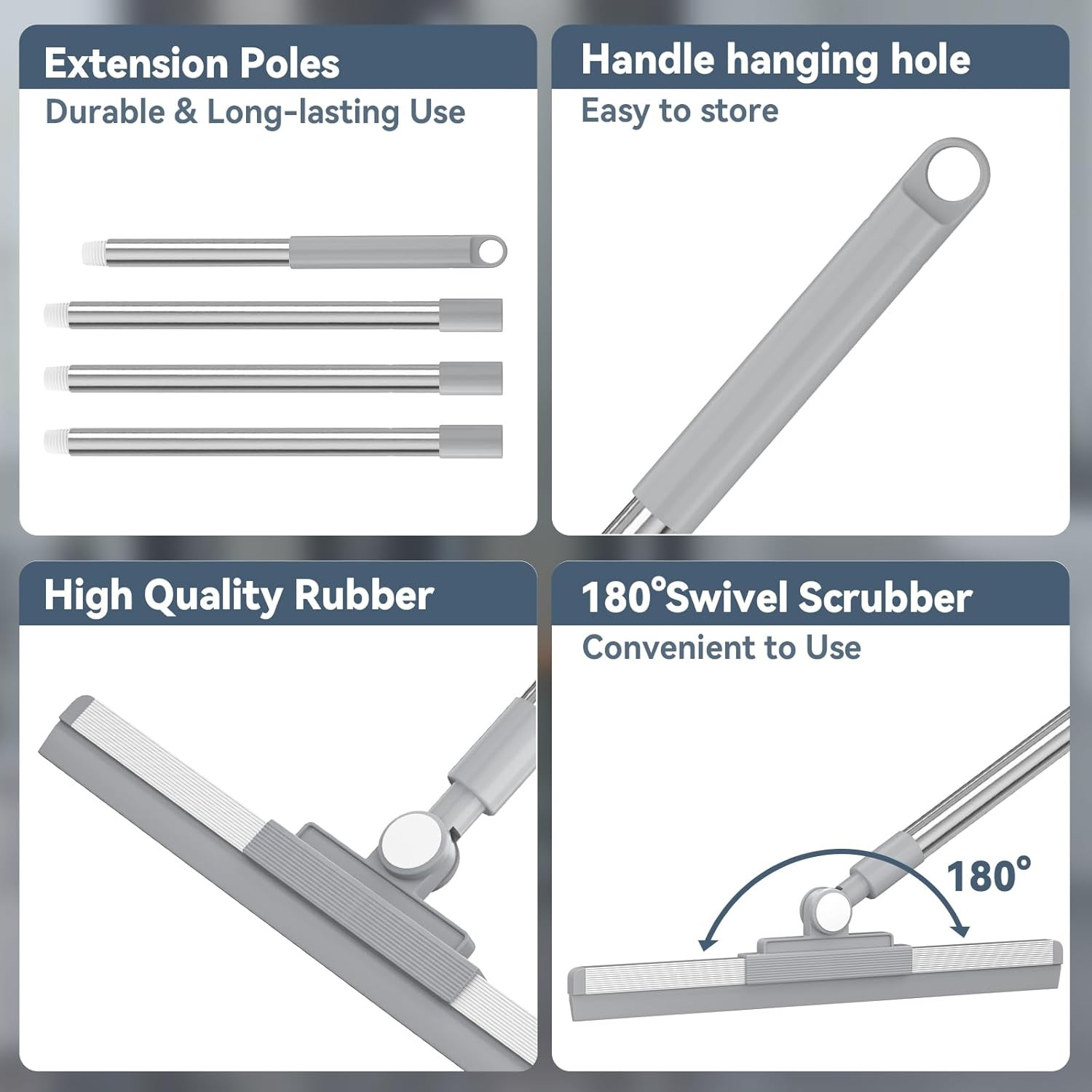 Floor Squeegee with 180° Rotating Head, Squeegee for Floor with 52” Long Handle