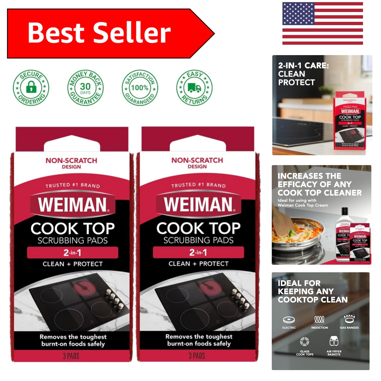 Weiman Cooktop Scrubbing Pads – 2 Pack, Low Odor, Perfect for Tough Residue