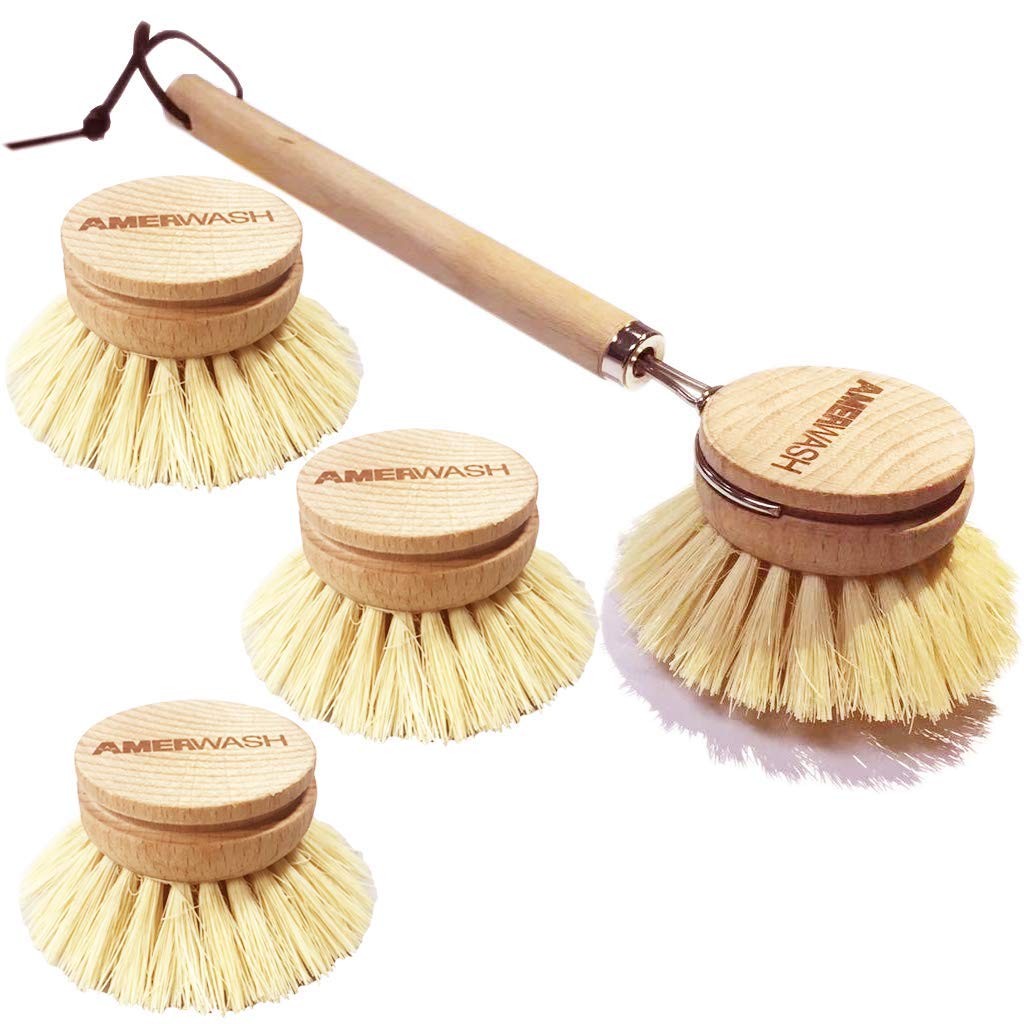 Dish Brush with Wooden Handle Natural Kitchen Brush for Dishes Vegetable Pots