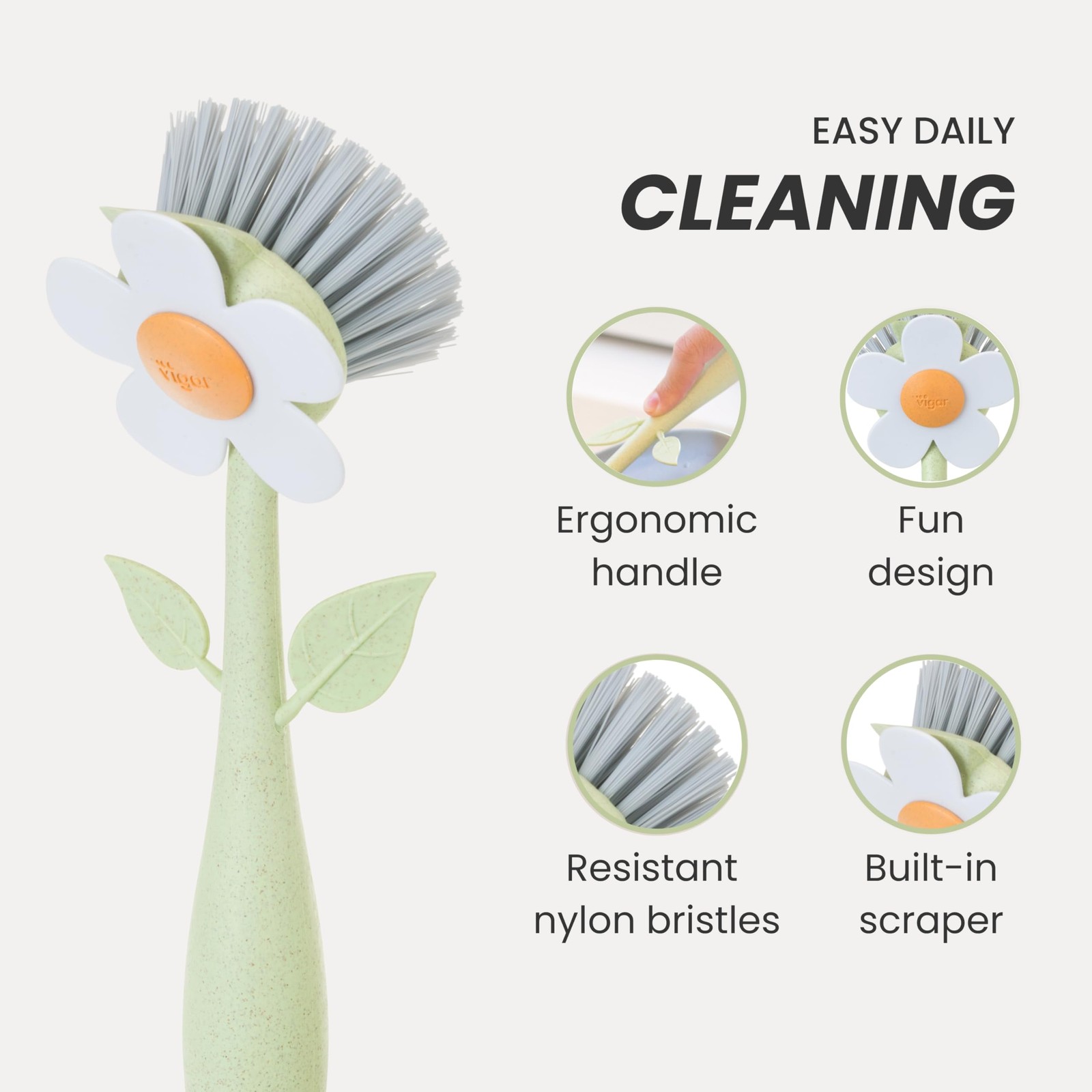 Vigar Florganic Dish Brush with Handle & Built-in Stand – Daisy-Shaped Kitche…
