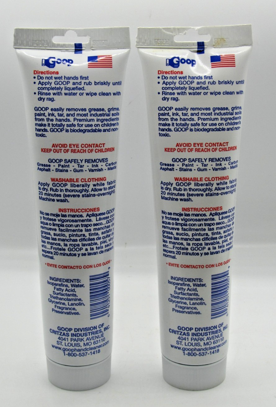 Lot of 2 GOOP Original Hand Cleaner Stain Remover Waterless 10.5 oz Tube x2 New