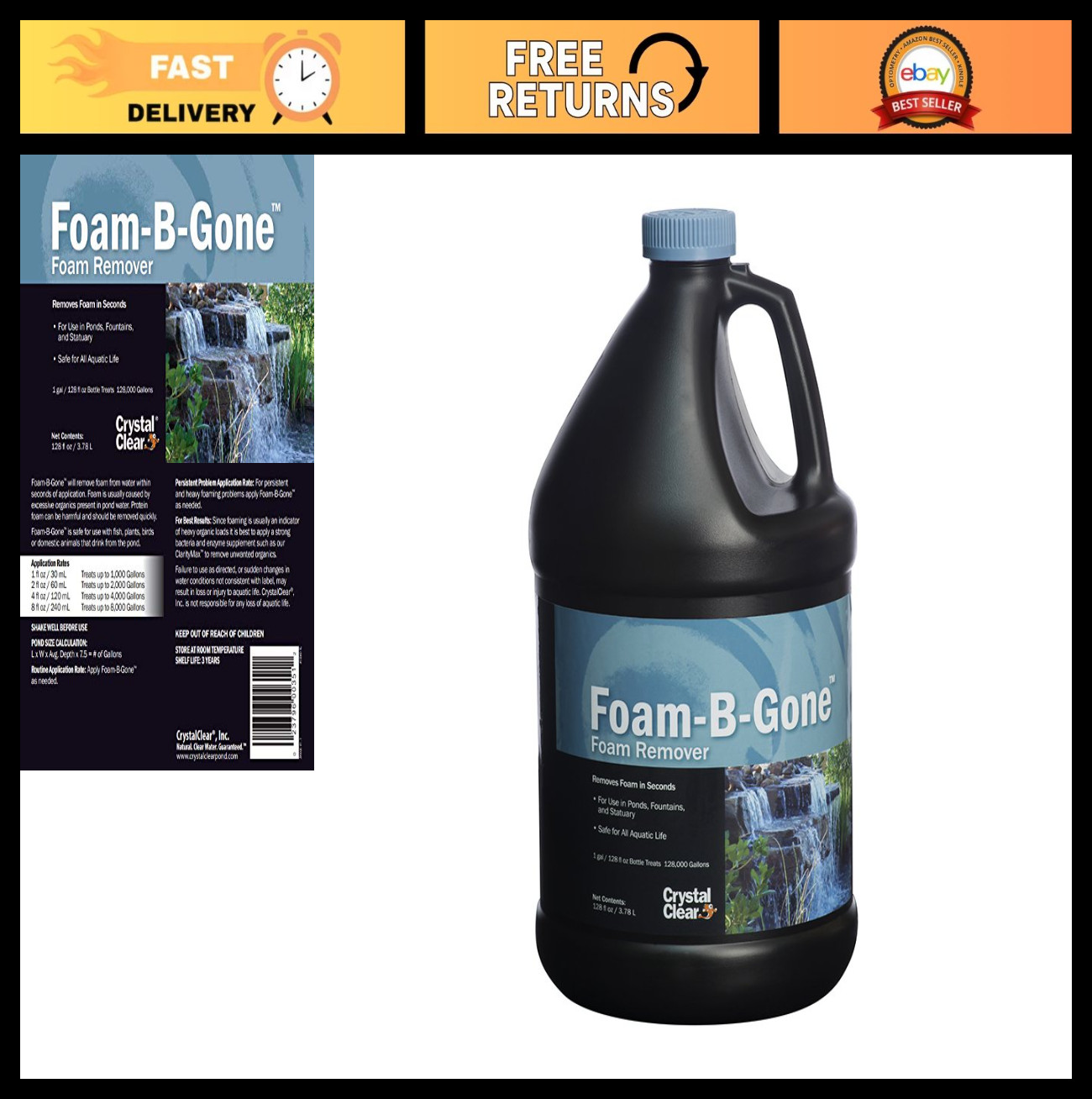 Pond Foam Remover – 1 Gallon, Treats Up to 128,000 Gallons, Crystal Clear Water
