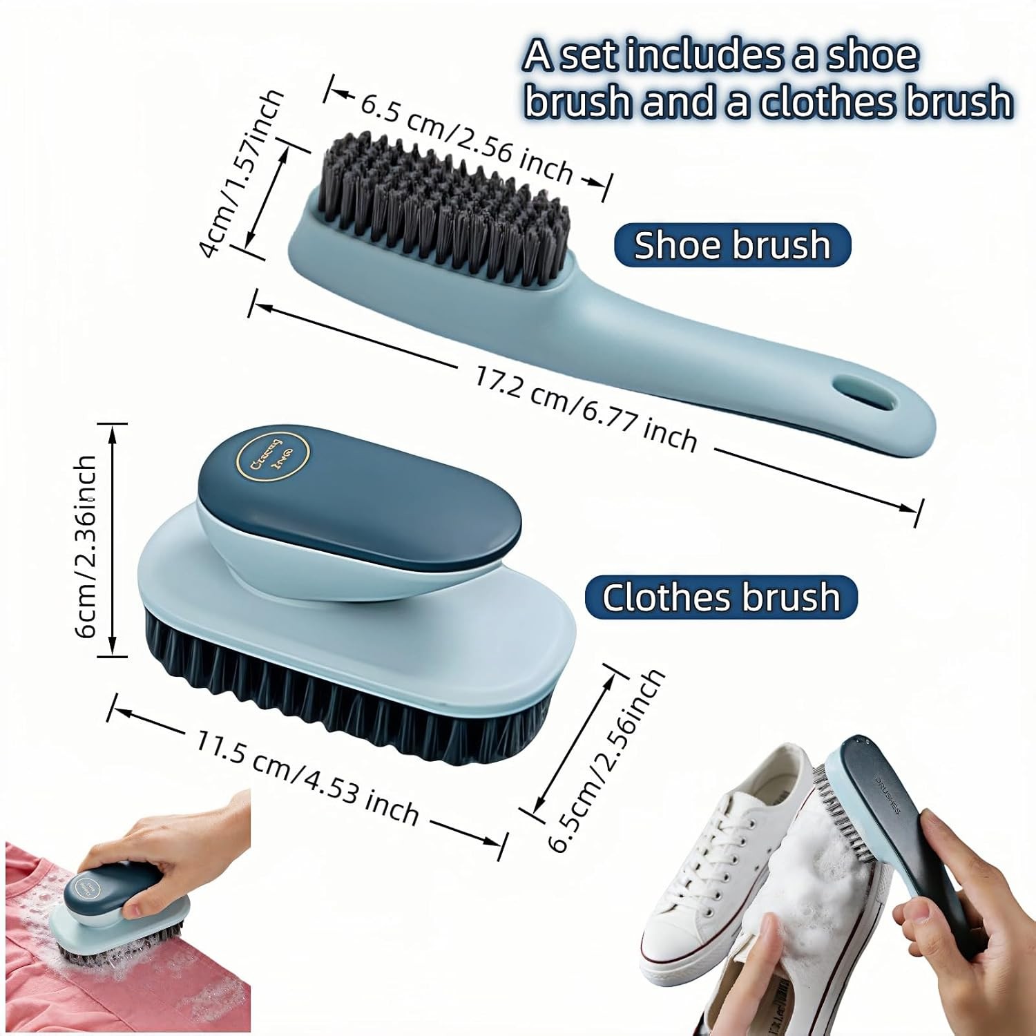 Ergonomic Shoe Clothing Brush Set 2 Piece Heavy Duty Stain Remover Non Slip Grip