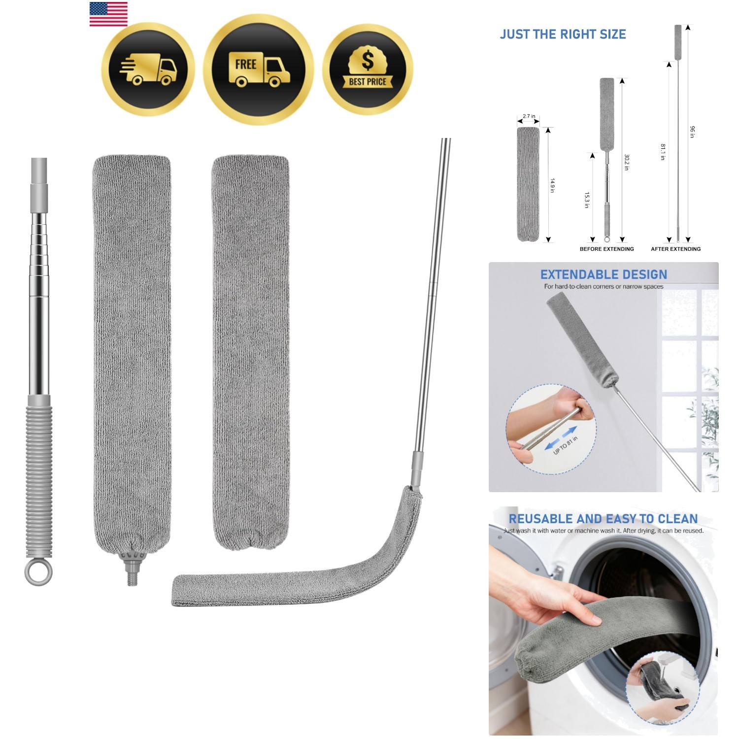 Dusters for Cleaning Retractable Gap Duster with Extension Pole Long Handle C…