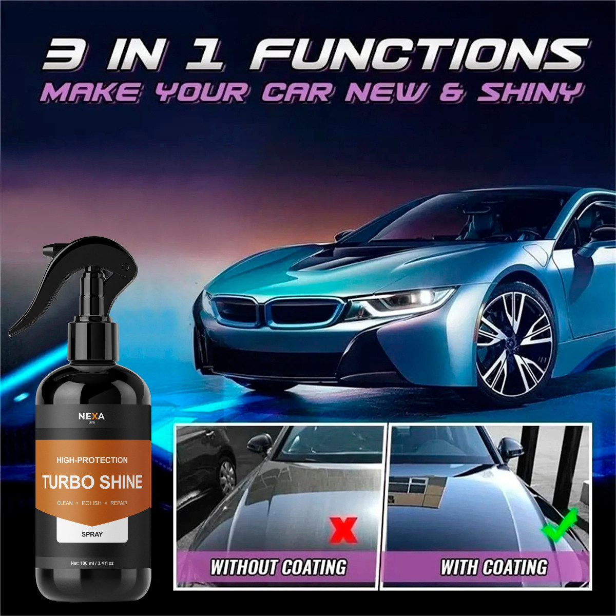 Nexa TurboShine Car Polish & Shine Spray – Enhances Gloss & Surface Smoothness