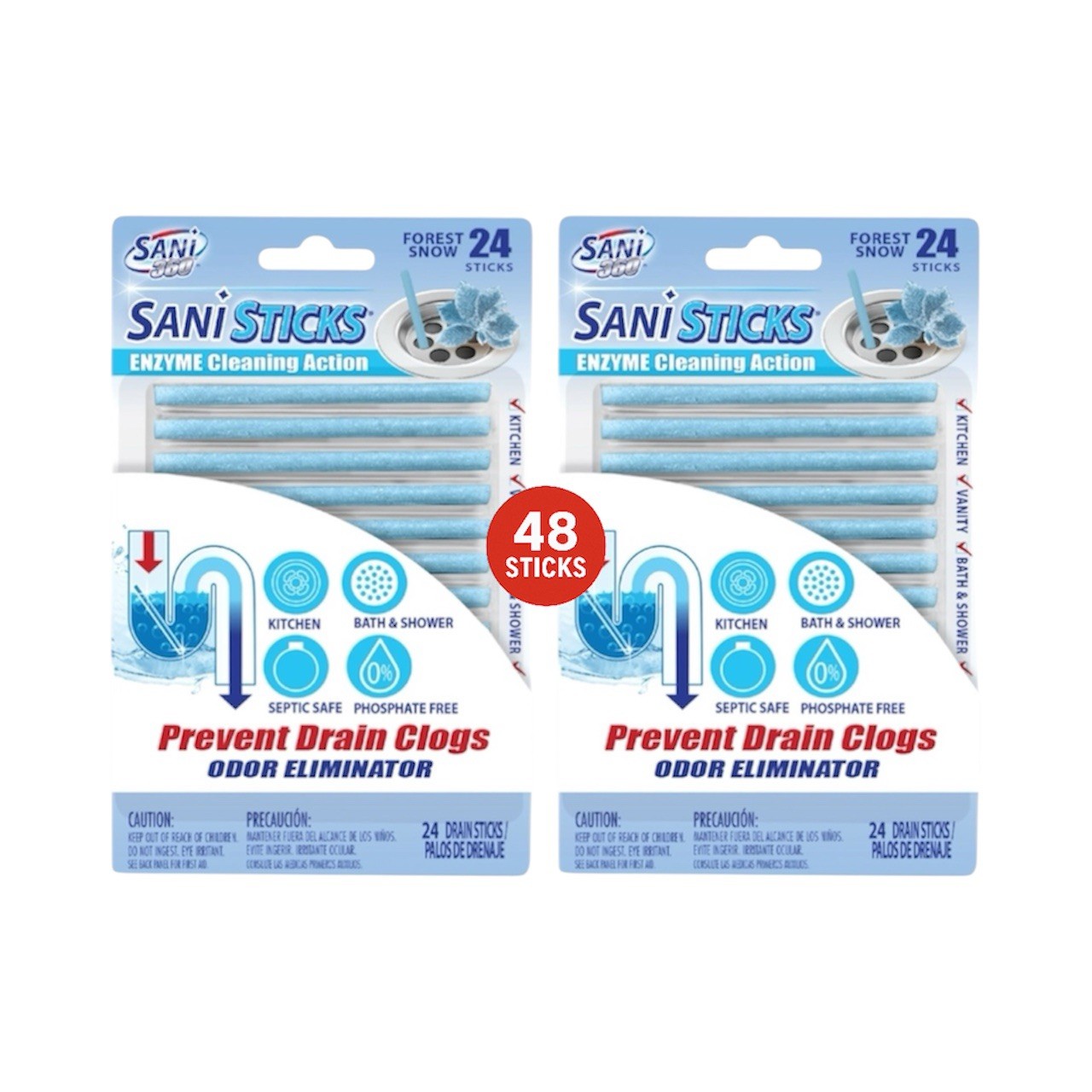 SANI 360° Sani Sticks Drain Cleaner and Deodorizer, Forest Snow Scent, 48 Count