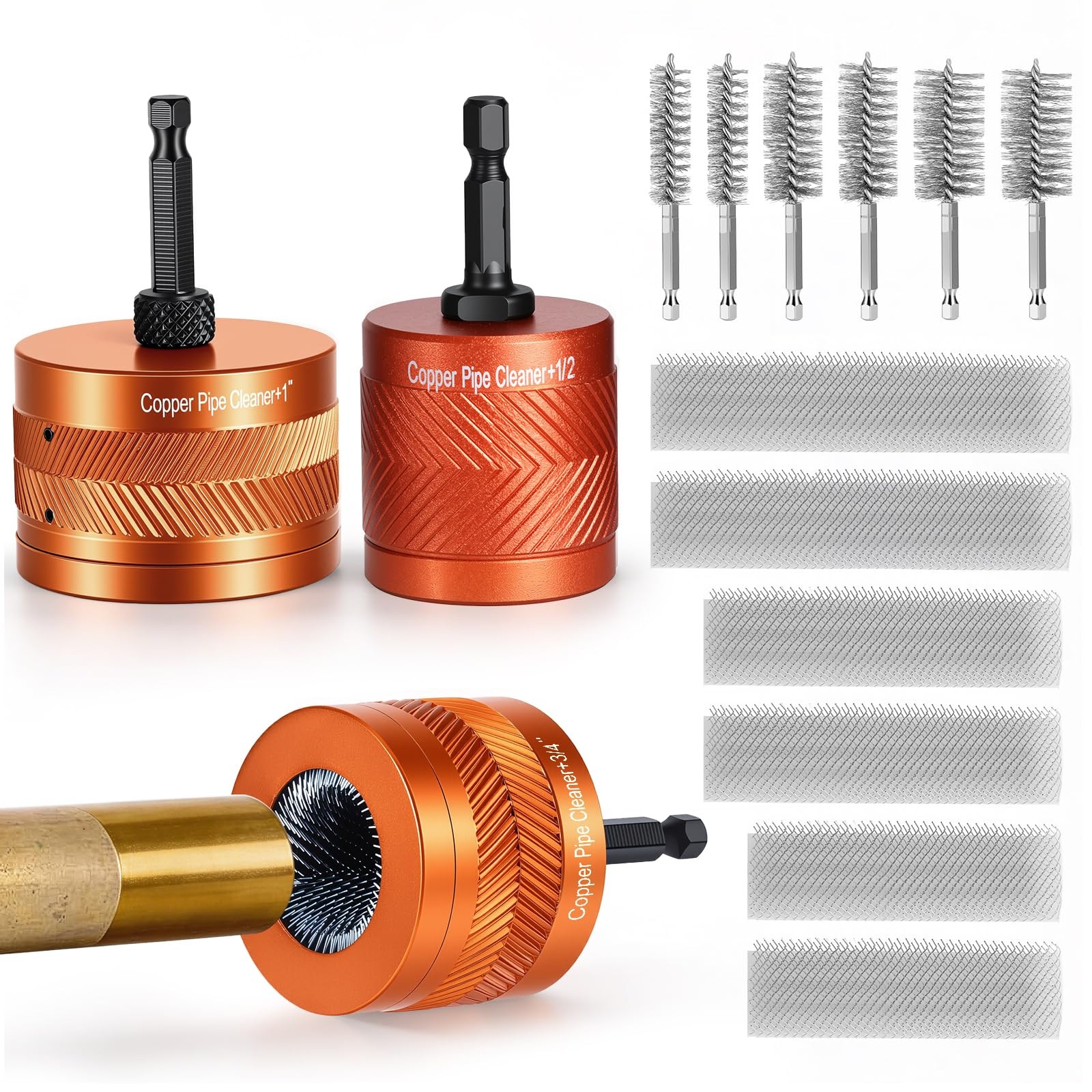 1/2″ & 3/4″ & 1″ Metal Copper Pipe Cleaner Set, with 1/4 Hex Shank, Each Size…