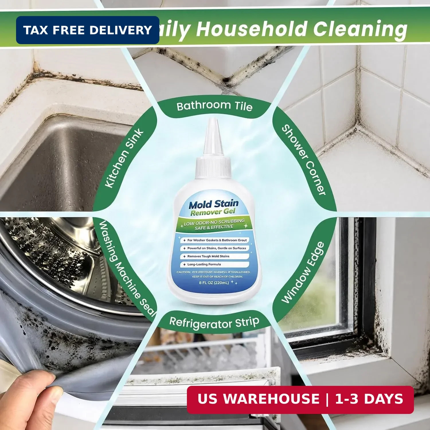 Mold-Stain Remover Gel for Washing Machine Seal & Bathroom – Low Odor Gel for Fr