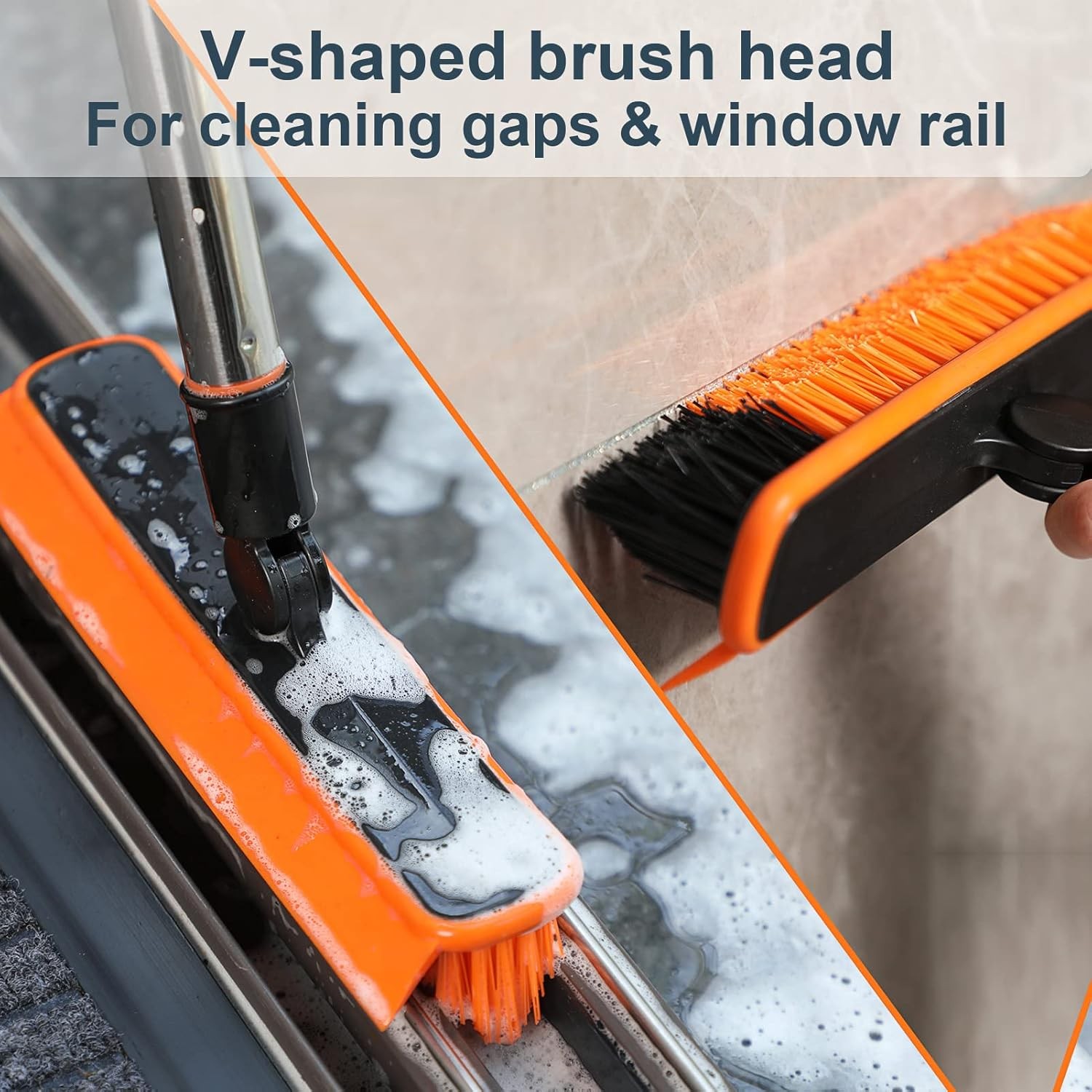 2-in-1 floor cleaning brush and tile grout brush, V-shaped corner brush (orange)