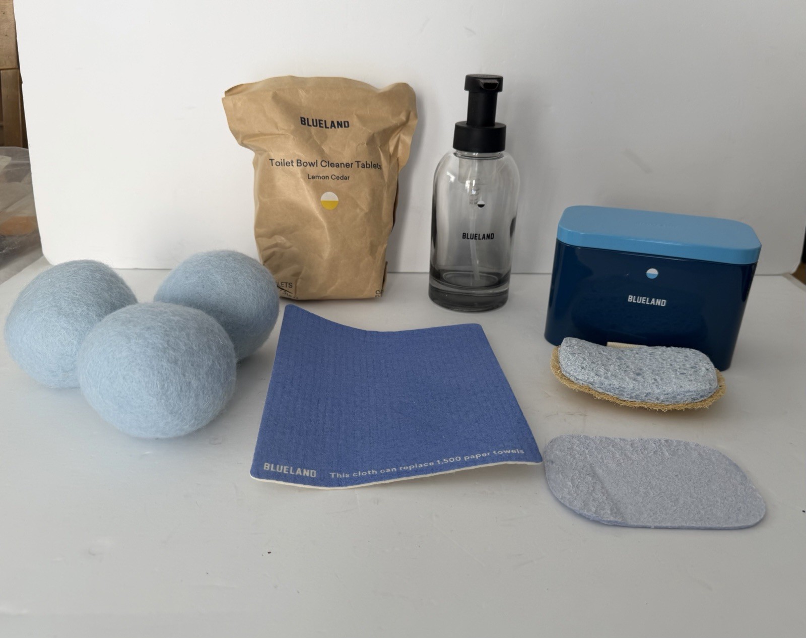 Blueland Starter Kit – Glass Pump, Toilet Cleaner, Wool Dryer Balls, Tin, Loofah