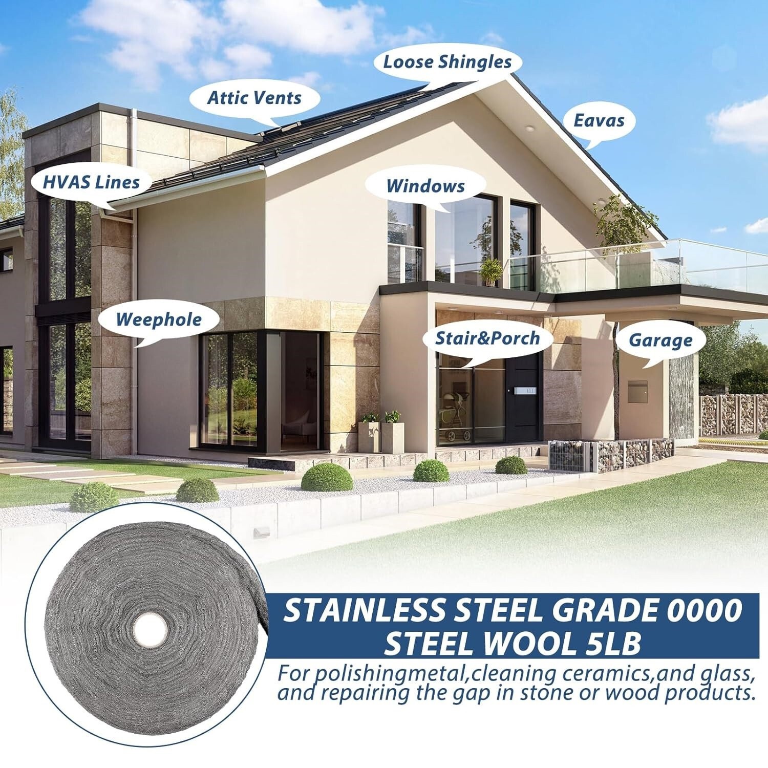 Steel Wool Roll Cleaning Polishing Hardware Cloth Filling Holes Cracks Vent Pipe