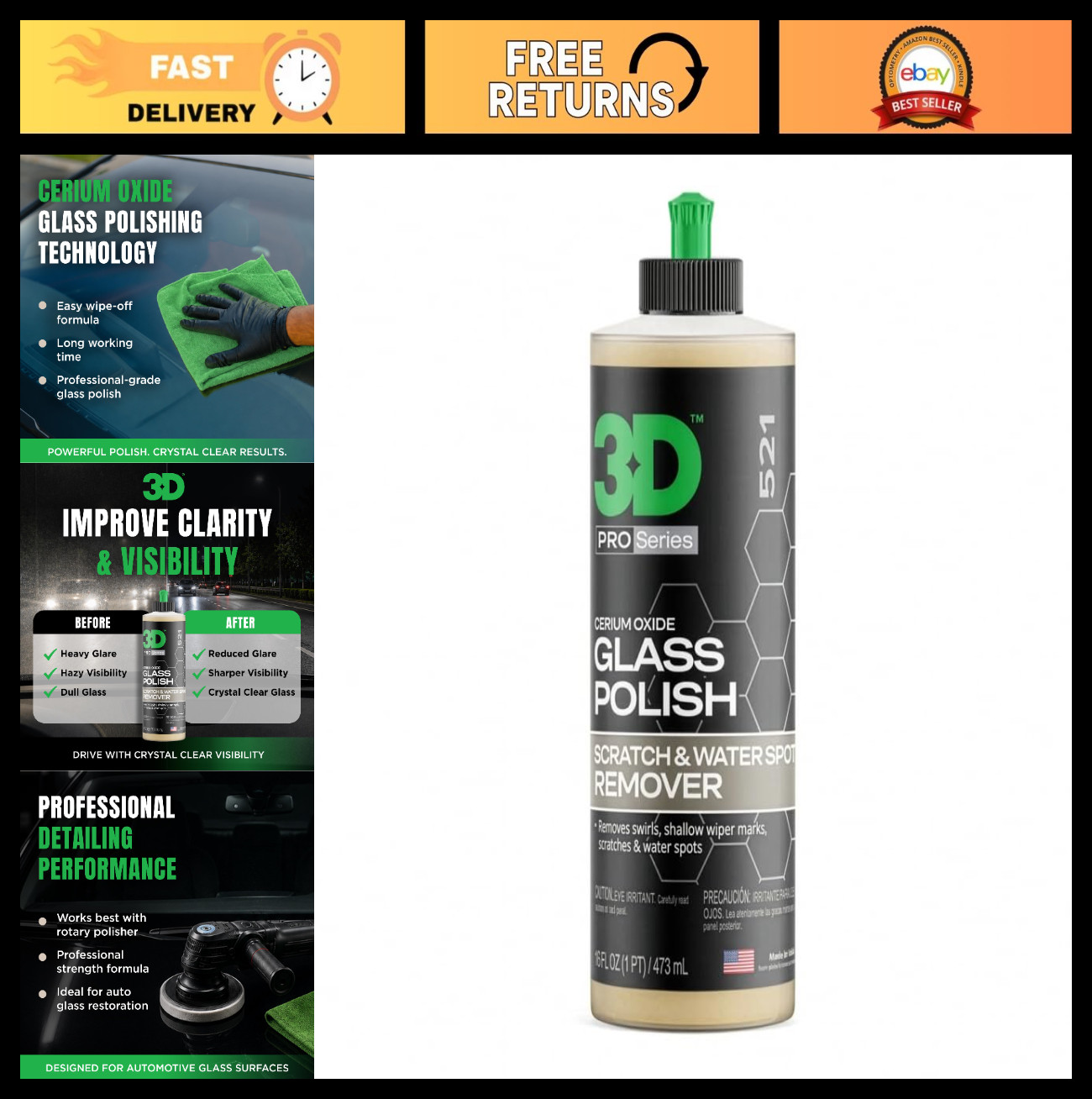 3D Glass Polish – Cerium Oxide Scratch Remover for Car Windows, Restores Clarity