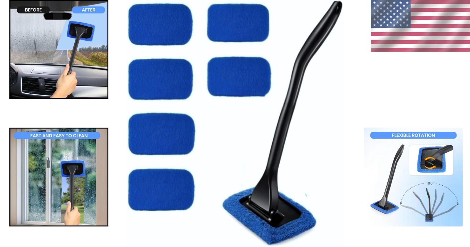Complete Car Care: 6PCS Window Cleaner Set with 180° Head & 120 ml Spray Bottle