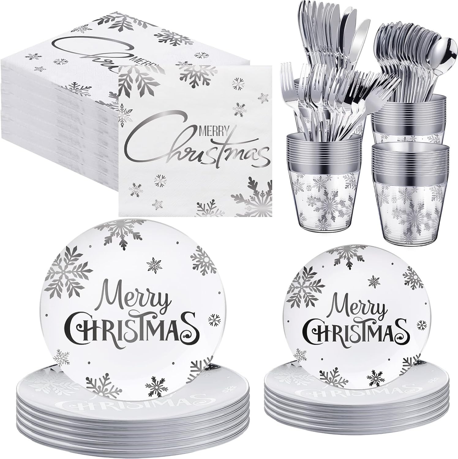 Sliner 230 Pcs Christmas Disposable Plastic Plates Set 7 and 9″ Silver Plates