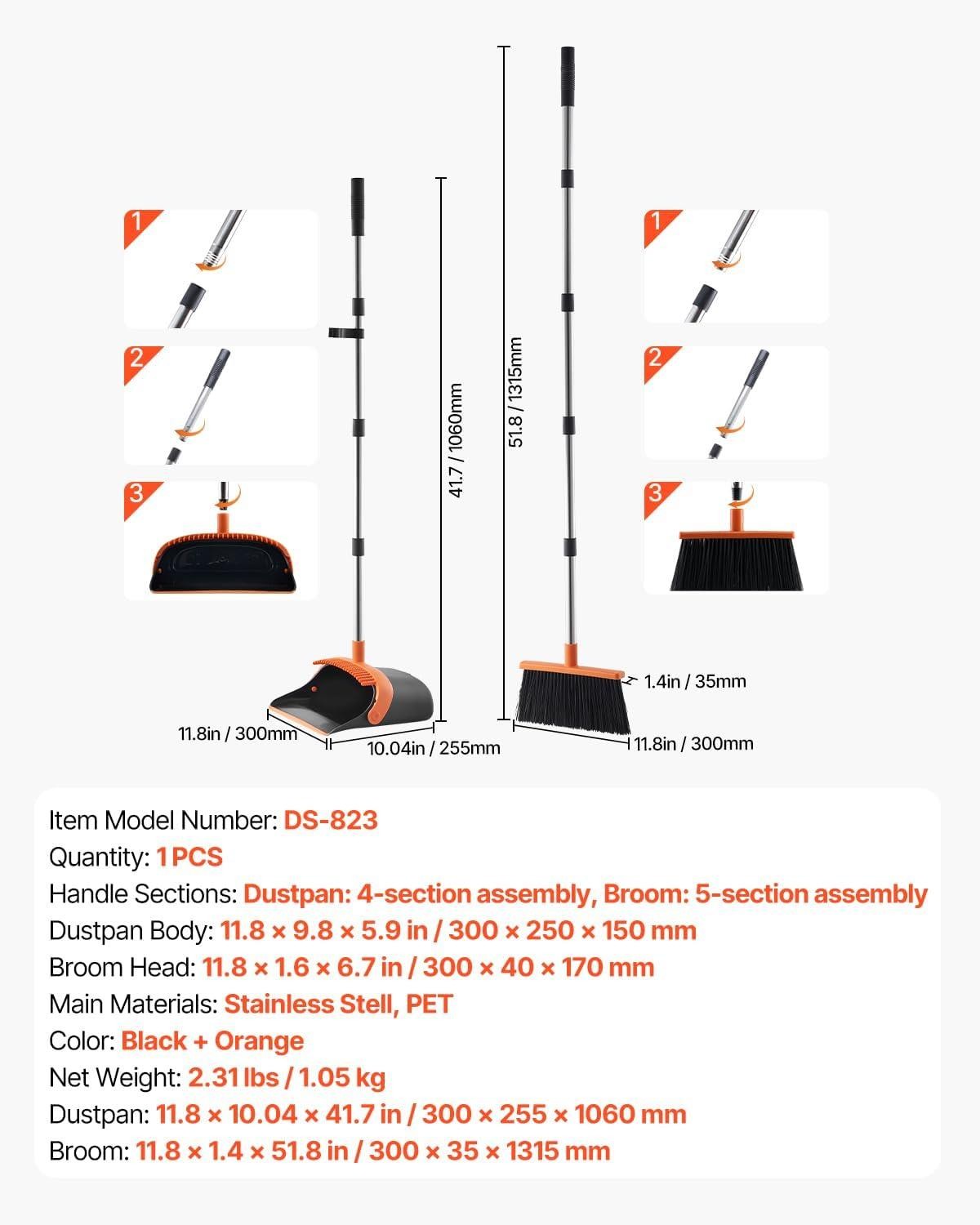 Broom and Dustpan Set Heavy Duty Dustpan and Broom Combo with Self-Cleaning Teet