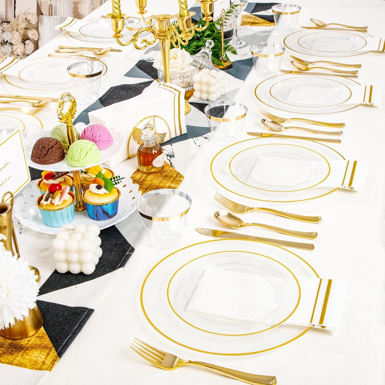 SUT 350Pcs Plastic Dinnerware Set for 50 Guests, Clear and Gold Plastic Plates