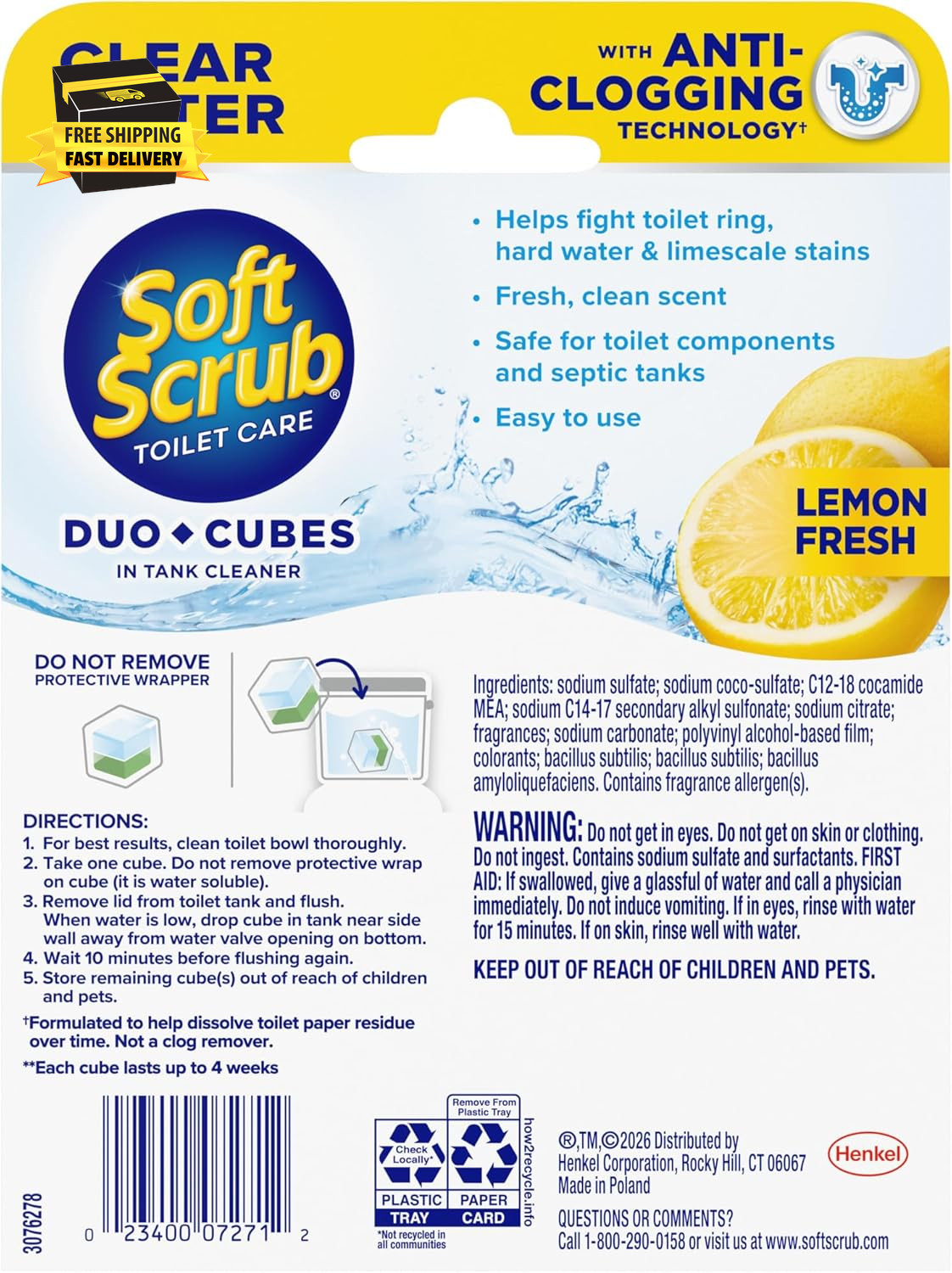 In-Tank Toilet Cleaner Duo-Cubes, Lemon Fresh, Clear Water, 4 Ct, Cleans & Fresh