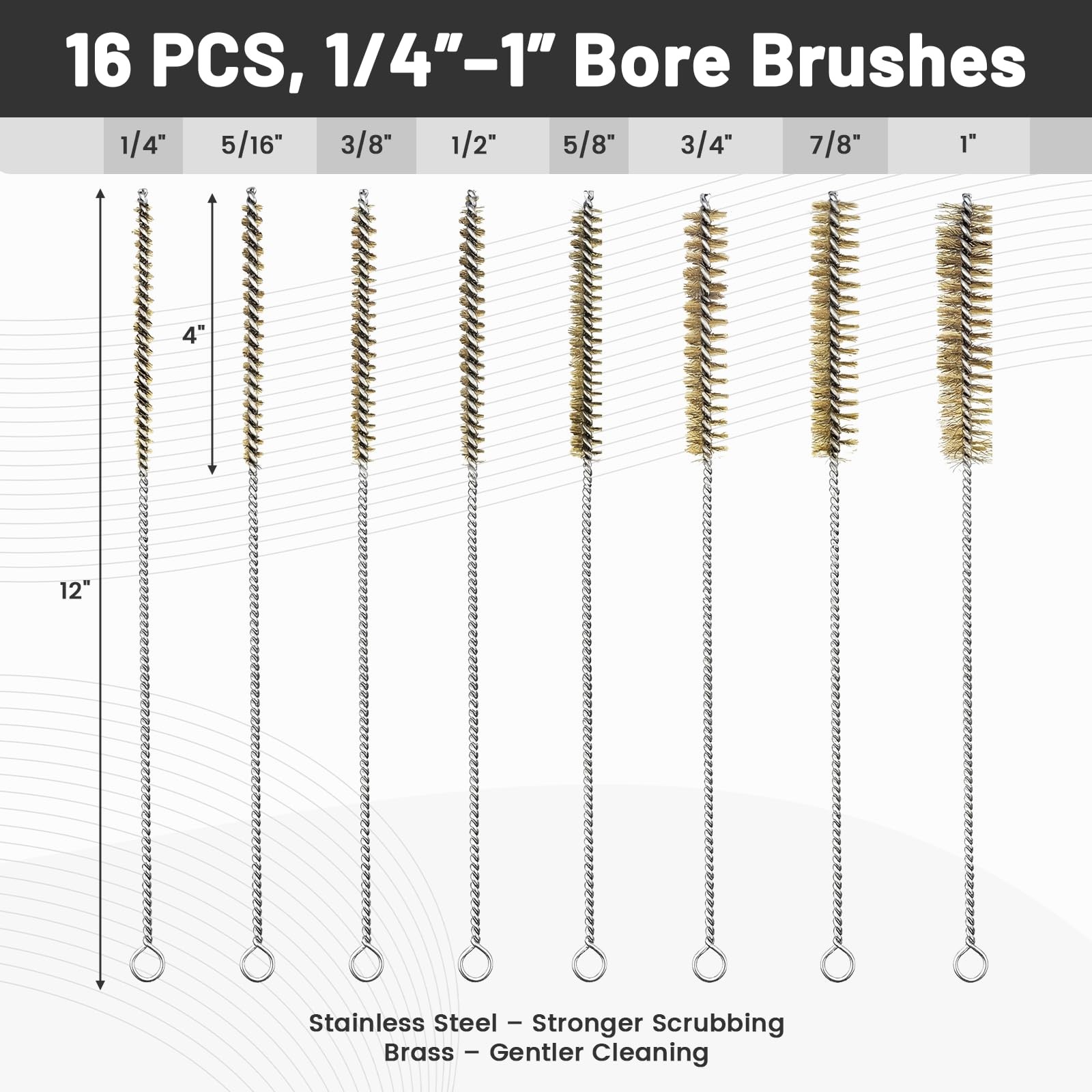16Pcs Tube Cleaning Brush, 12″ Long Stainless Steel & Brass Wire Brush Pipe C…