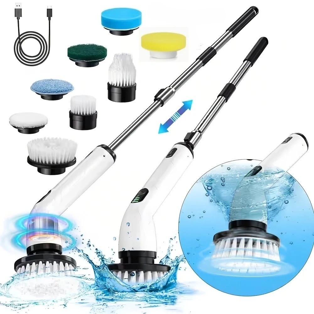 9 in 1 Electric Spin Scrubber Extra Length 9 Brush Heads Retractable Handle