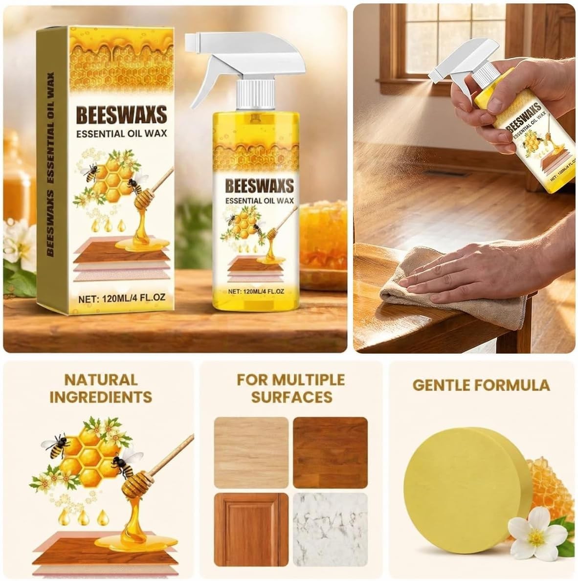 Beeswax Wood Polish Spray, Natural Furniture Cleaner & Restorer, Removes Scra…