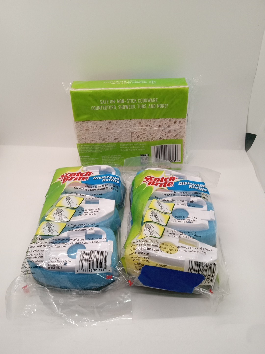 Lot of 2 Packs of 3 Scotch-Brite Dishwand Refills 3M + 6 Pack ocelo Sponges