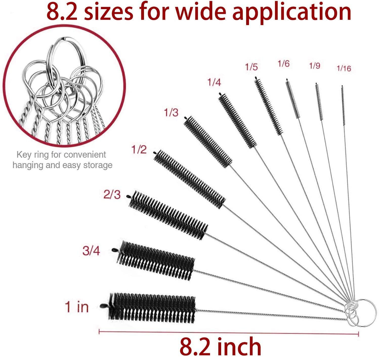 Long Straw Brush, Nylon Pipe Tube Cleaner 8.2-Ihch 10 Different Diameters Set of