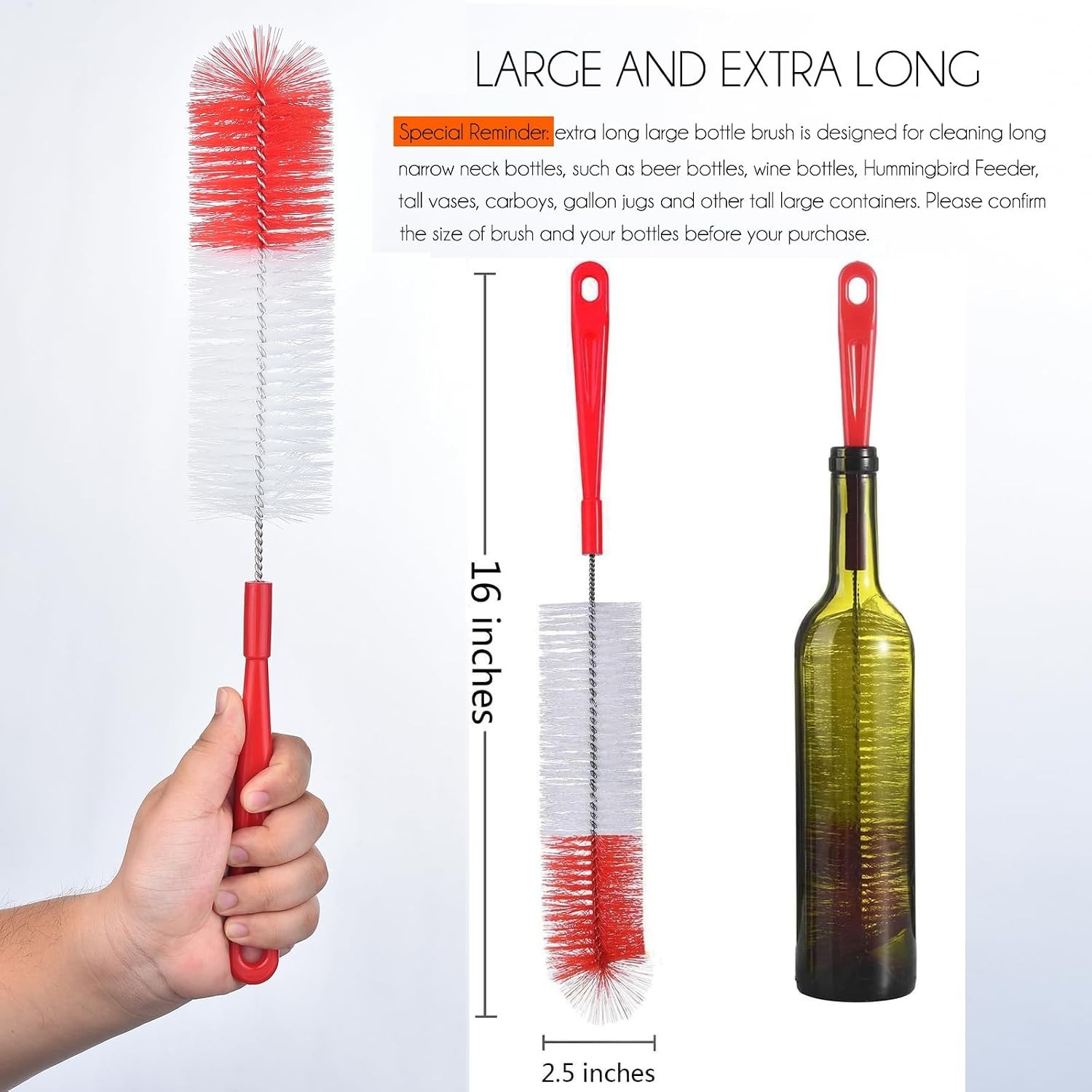 16 inch Extra Long Red Bottle Cleaning Brush Cleaner for Washing Narrow Neck