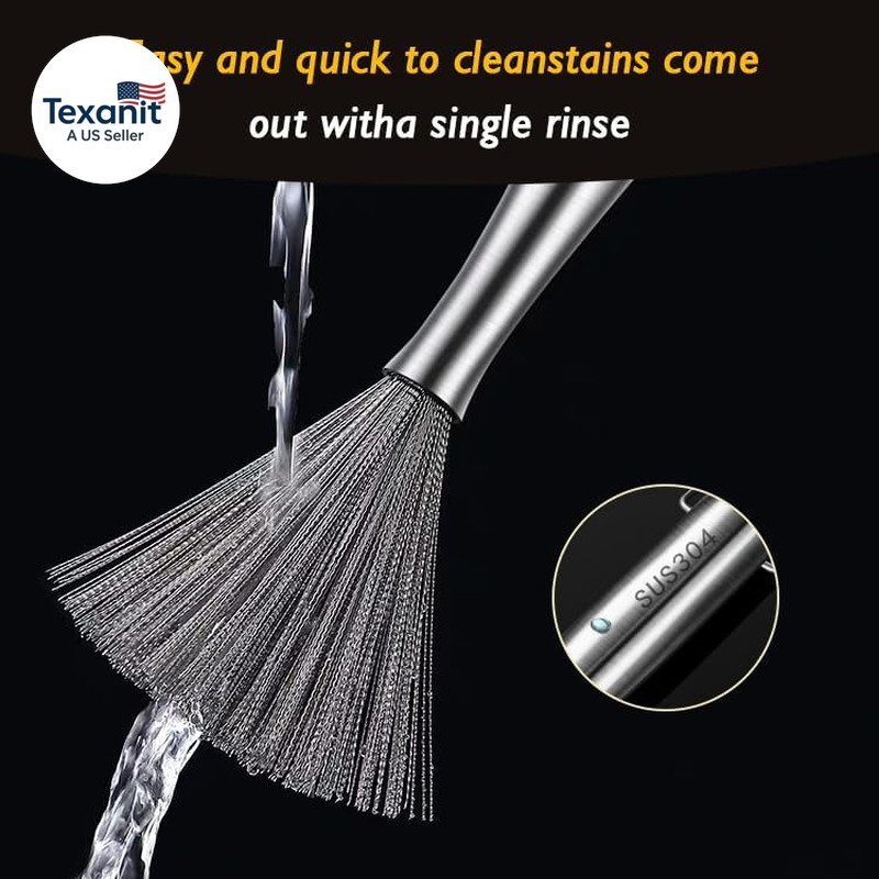 Stainless Steel Dish Brush with Handle, Metal Steel Wool Scrubber for Cast Lron,
